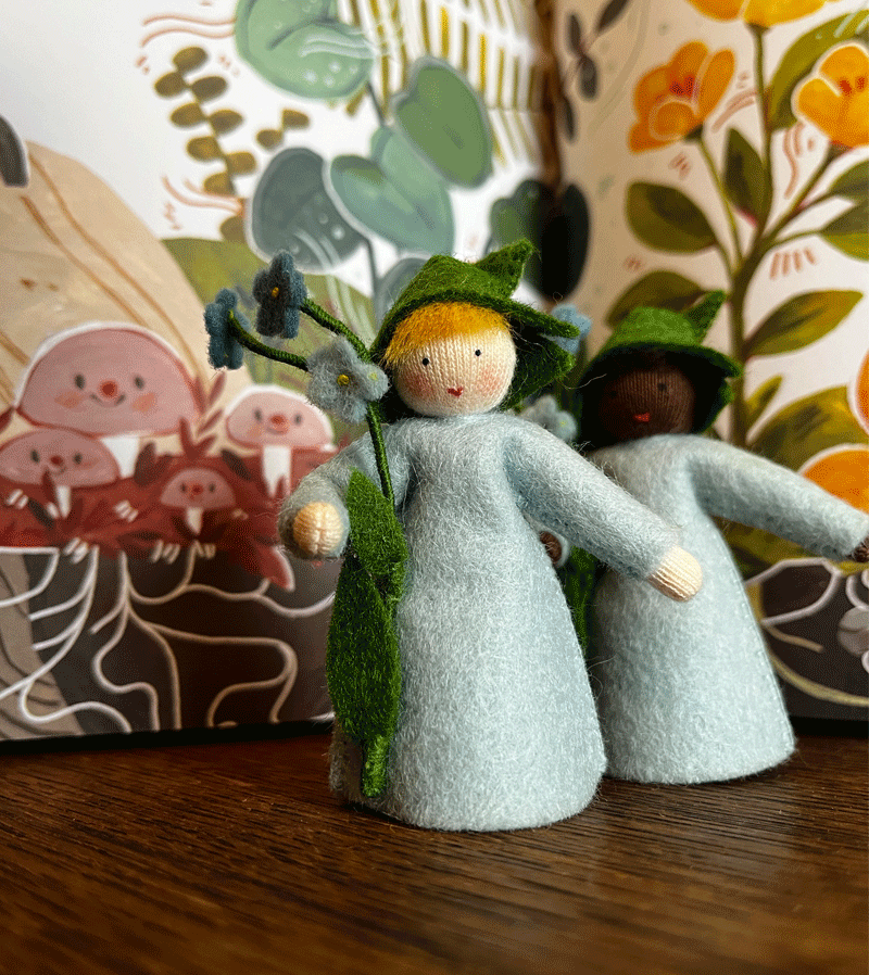 Light Skin Forget Me Not Flower Waldorf Felt Doll - Handmade Waldorf Inspired Toy for Children's Imaginative Play & Nursery Decor