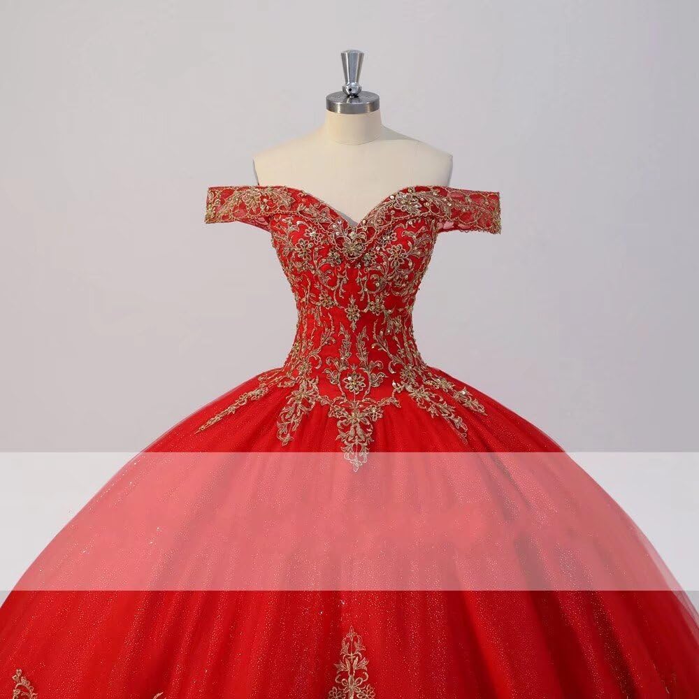 Elegant Gold Embroidered Beaded Tulle Ball Gown Off-Shoulder Quinceanera Dress for Sweet 15 Girls | 2025 Trendy Formal Gown for Quinceañera, Prom, Wedding & Special Occasions
