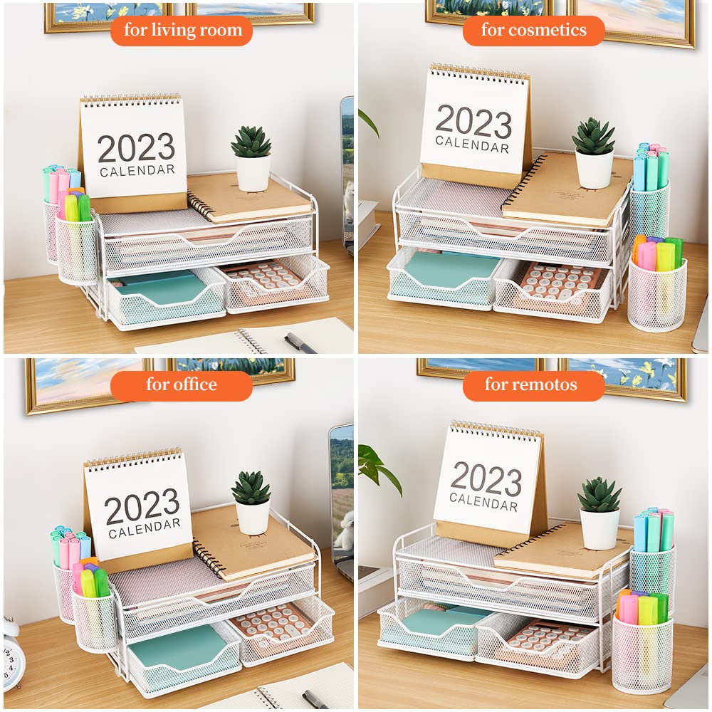 3 Tier Desk Drawer Organizer with 2 Pen Holders - White Office Desk Organizer for Home & Workspace - Perfect for Storing Stationery, Files and Office Supplies