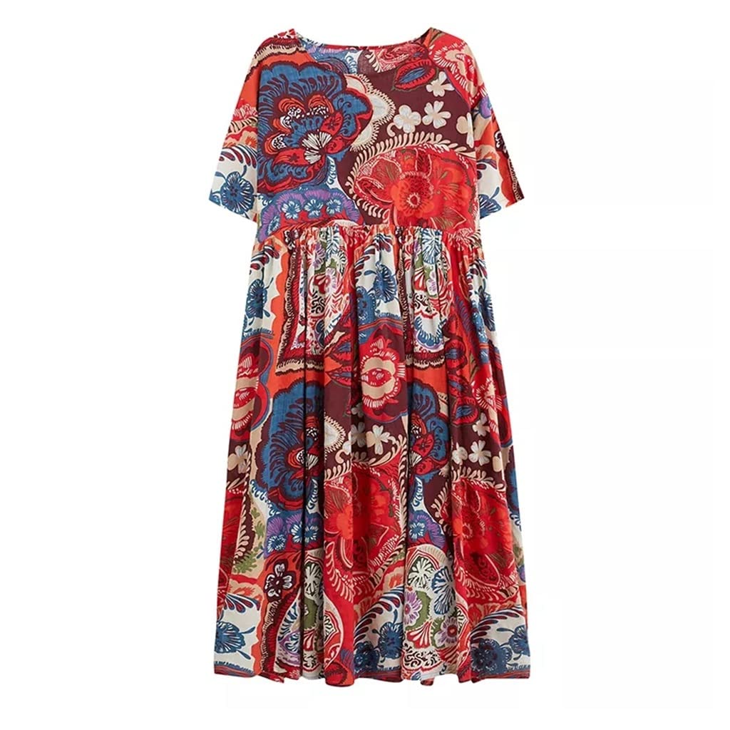 Vintage Floral Print Cotton Linen Maxi Dress for Women - Loose Fit Summer Casual Long Dress, Beach Holiday Robe (One Size) | Perfect for Vacation, Beach Outings & Boho Fashion Styles