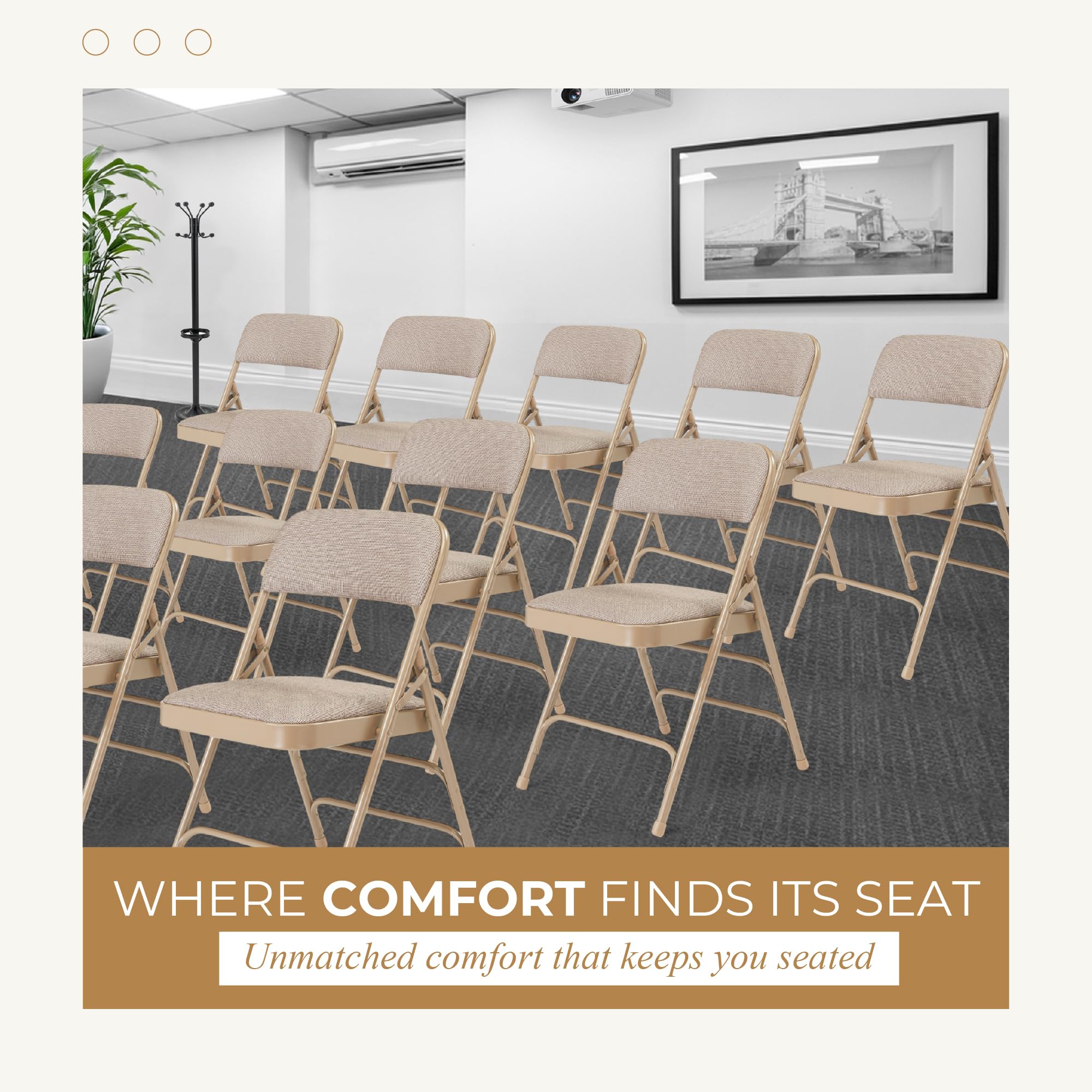 Premium Fabric Upholstered Steel Folding Chairs 4-Pack - Comfortable Beige Stackable Chairs for Weddings, Parties, Events & Home Dining