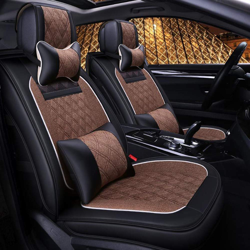 Premium Leather & Linen Car Seat Covers - Universal Fit Full Set for Cars, Trucks & SUVs | Stylish & Durable Auto Interior Accessories | Perfect for Daily Commute, Road Trips & Family Travel