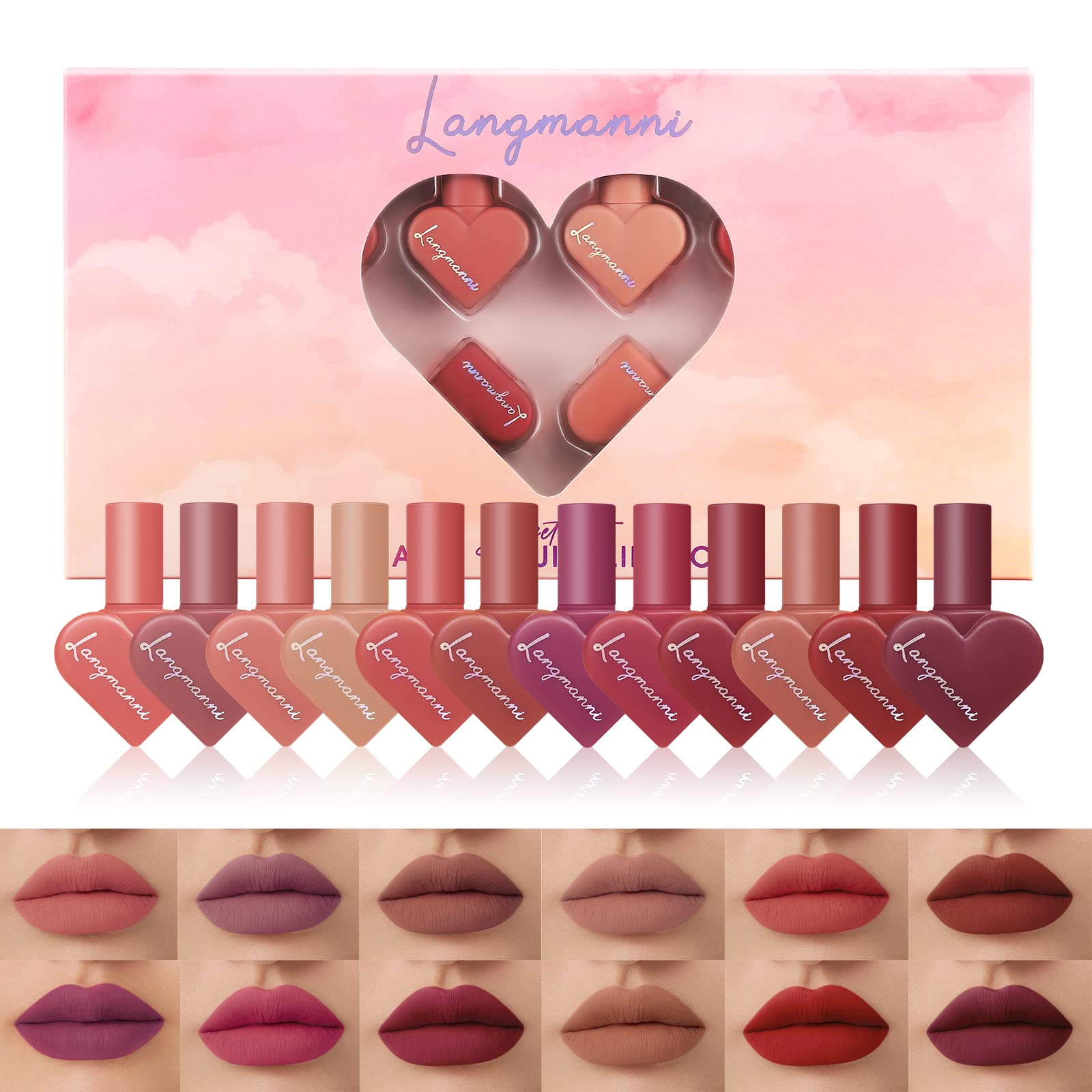 12 Colors Matte Velvet Lip Gloss Set - Waterproof Long-Lasting Liquid Lipstick, Non-Stick Cup Heart Shaped Lip Makeup Kit | Perfect for Daily Wear, Parties, and Gifts for Women & Girls