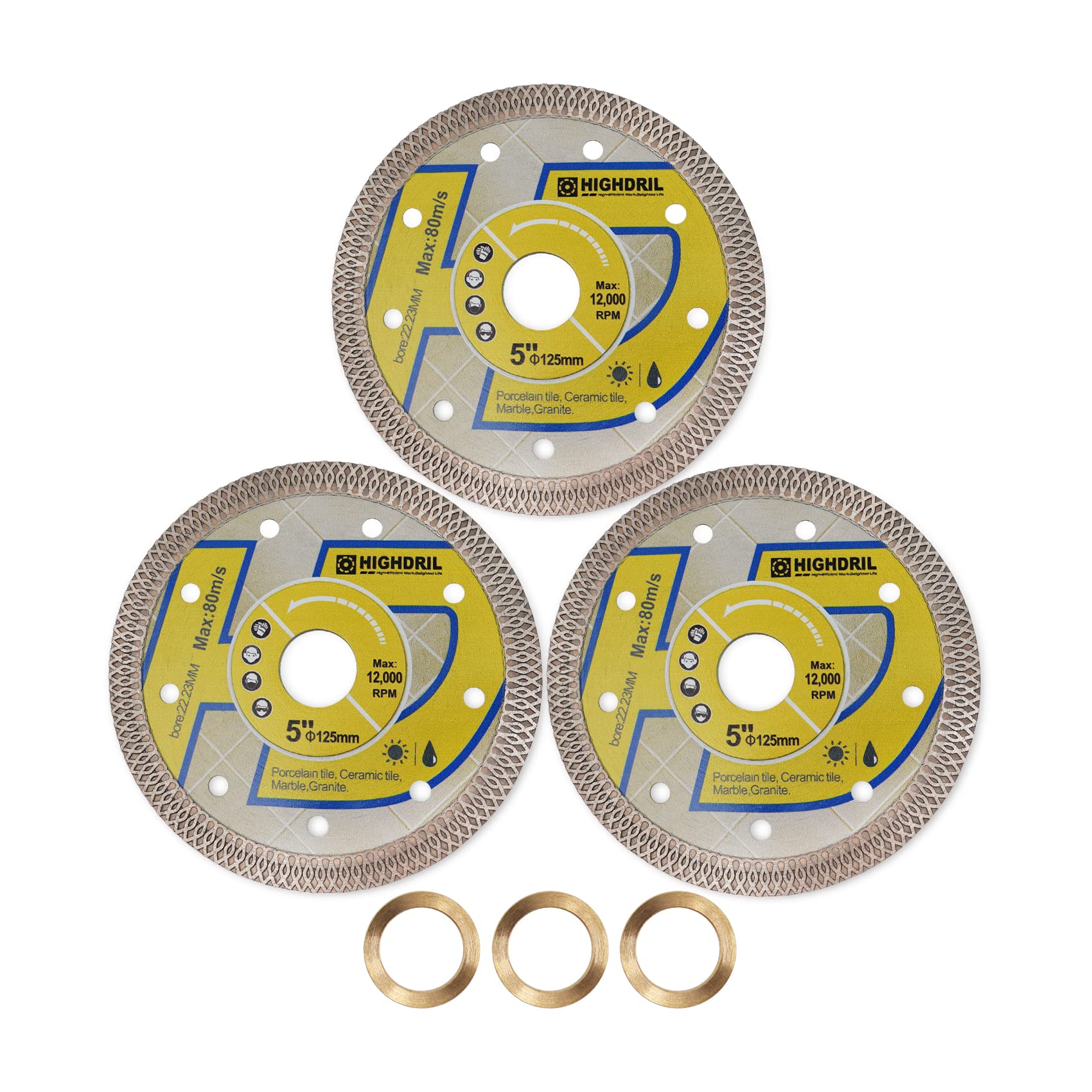 5 Inch Diamond Saw Blade Set - 3 Pack Premium Diamond Tile Cutting Disc for Porcelain, Ceramic, Granite & Marble - Turbo X Mesh Design for Dry/Wet Use with Circular Saws - Perfect for Home Renovation, Tile Installation & DIY Projects