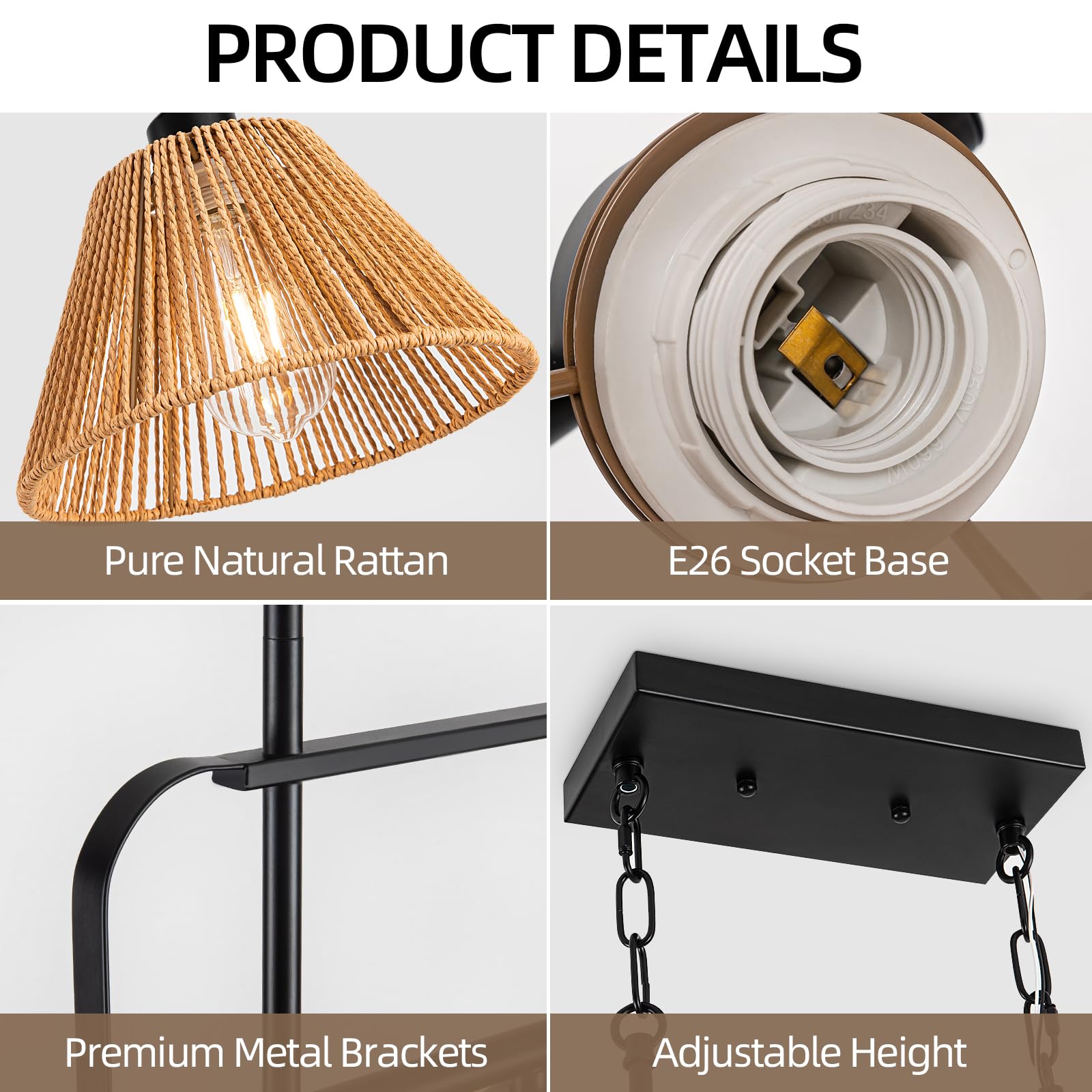 Rattan Farmhouse Kitchen Island Lighting - 3-Light Dining Room Chandelier with Hand Woven Wicker Shade, Linear Pendant Light for Kitchen Island, Dining Table, Living Room, and Bedroom