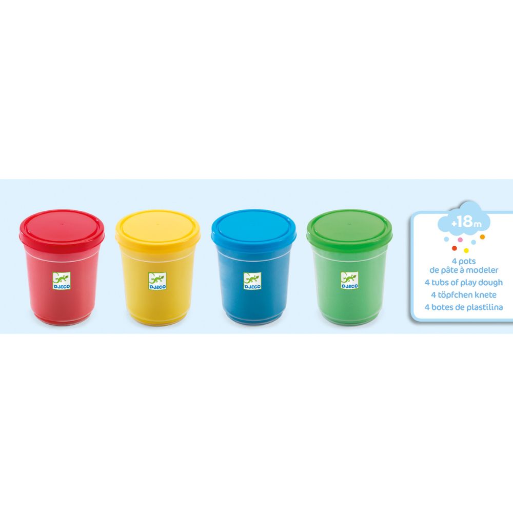 Djeco 4 Tubs of Non-Toxic Modeling Play Dough for Kids - Soft & Colorful DIY Arts & Crafts Clay - Perfect for Creative Play, Sensory Learning & Birthday Party Activities