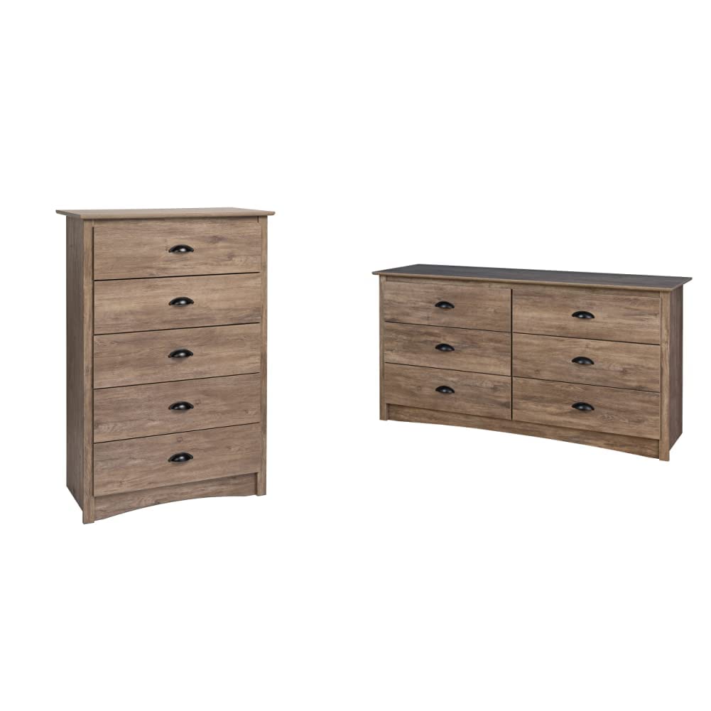 Prepac Salt Spring 5-Drawer Chest & 6-Drawer Dresser Set in Drifted Gray - Modern Bedroom Storage Furniture for Clothes, Linens, and Accessories Organization