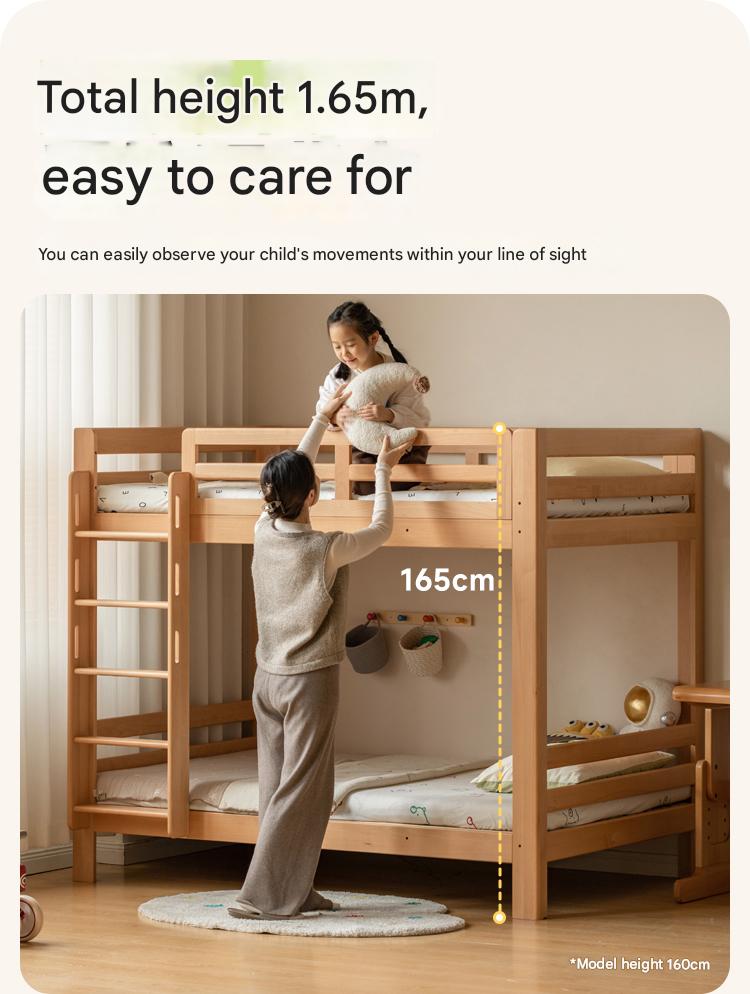Solid Wood Bunk Bed - Beech & Birch Twin/Full Size - Space-Saving Kids & Guest Room Furniture for Small Bedrooms & Vacation Homes