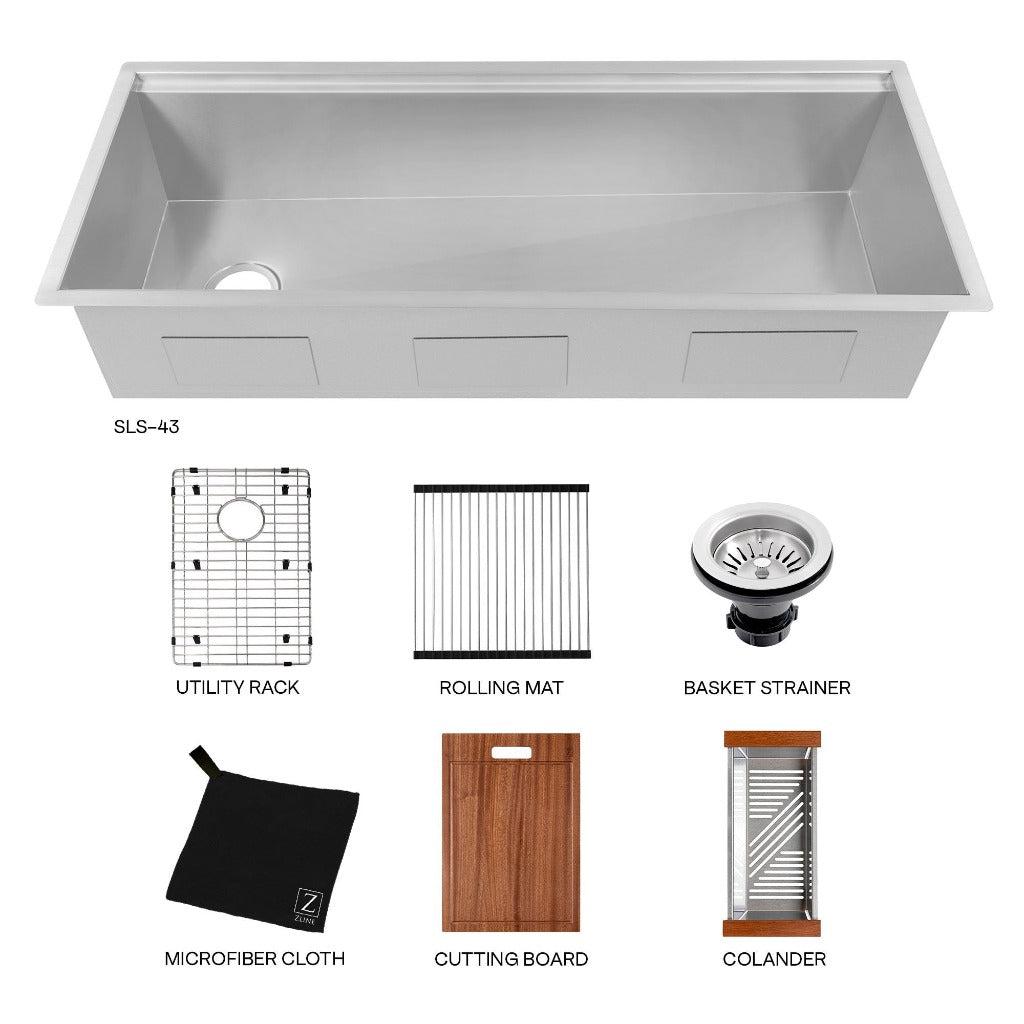 ZLINE 43-Inch Garmisch Undermount Single Bowl Stainless Steel Kitchen Sink with Bottom Grid & Accessories - Multiple Color Options (SLS 43) - Perfect for Modern Kitchens, Restaurant Prep & Commercial Use