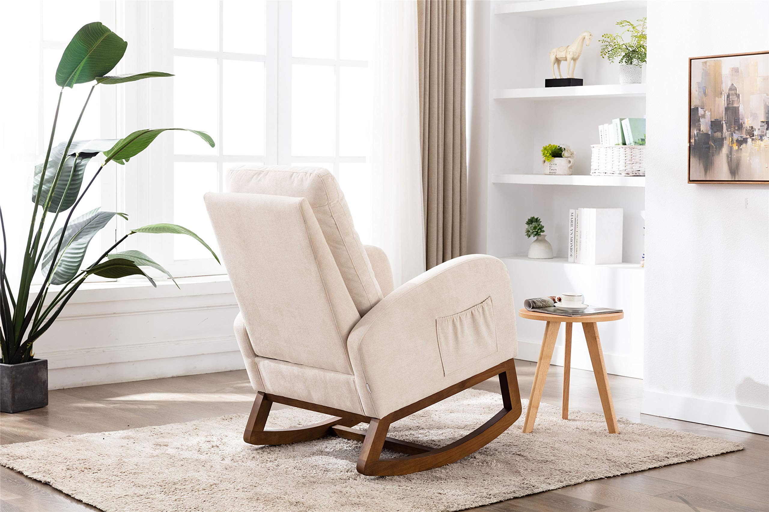 SSLine Upholstered Rocking Chair - Modern Fabric Rocking Armchair with Comfortable Cushion for Nursery, Living Room, Bedroom, Study & Office | Relaxing Lounge Chair for Reading, Nursing & Meditation (Beige)