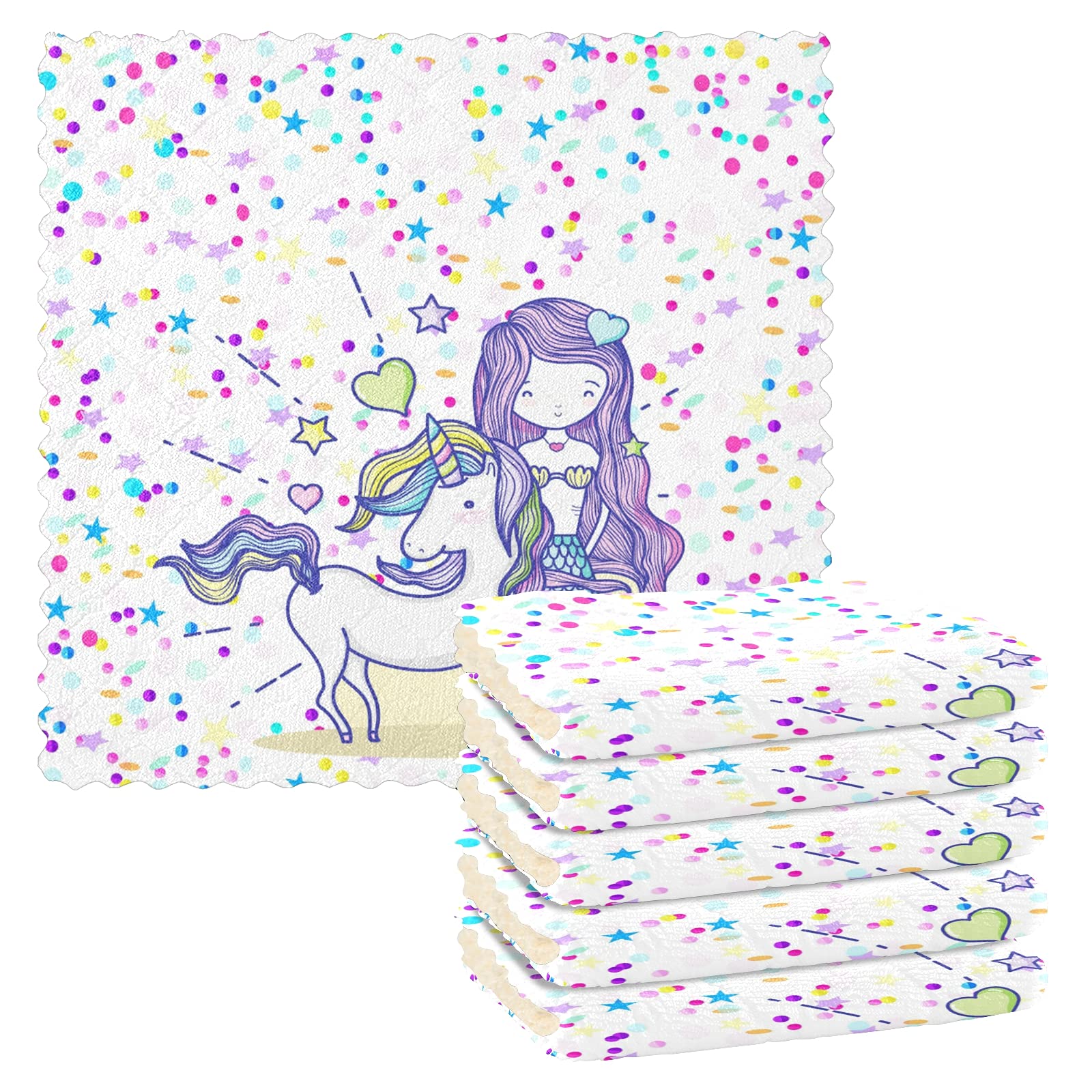 Unicorn Mermaid Kitchen Towels 6-Pack - Reusable Absorbent Dish Cloths for Washing Dishes, Cleaning Countertops & Drying Hands - Cute Girls' Kitchen Accessories for Home, Restaurant & Party Decor