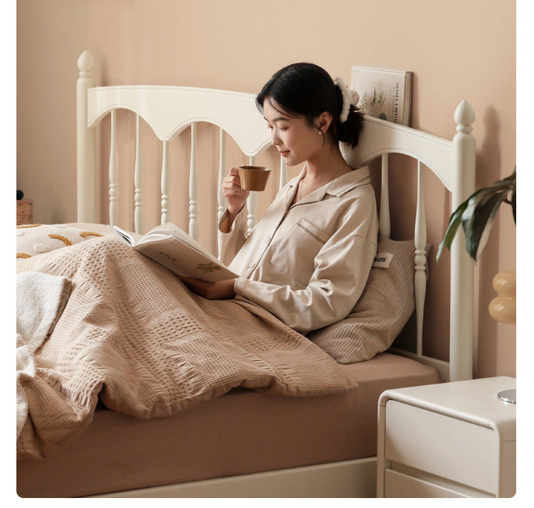 French Cream Style Poplar Solid Wood Bed - Elegant & Durable Bedroom Furniture for Master Bedroom, Guest Room, or Kids Room