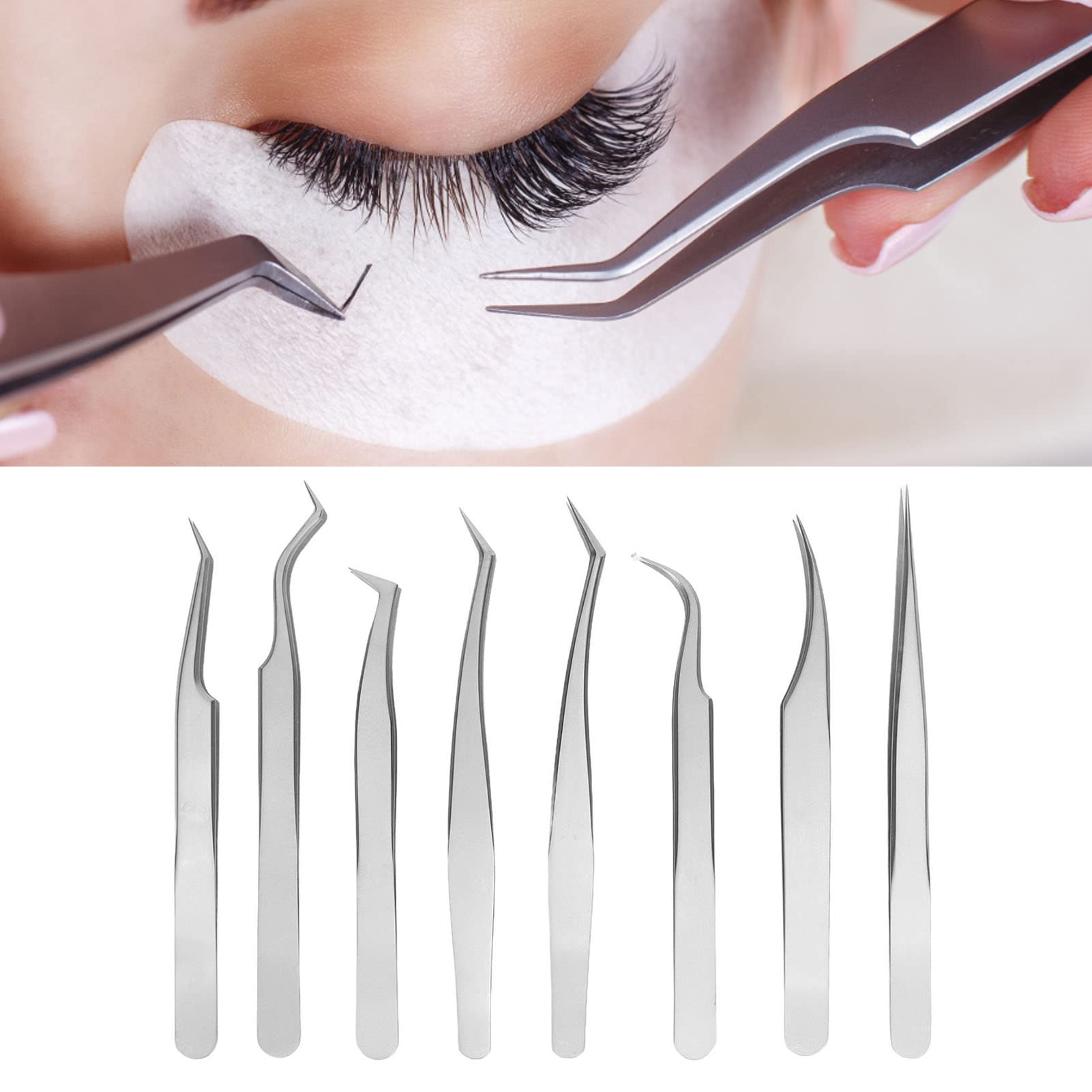 8PCS Professional Stainless Steel Eyelash Tweezers Set - False Eyelash Extension Tools for Eyebrows & Lashes with Storage Box | Perfect for Salon, Home Use & DIY Beauty