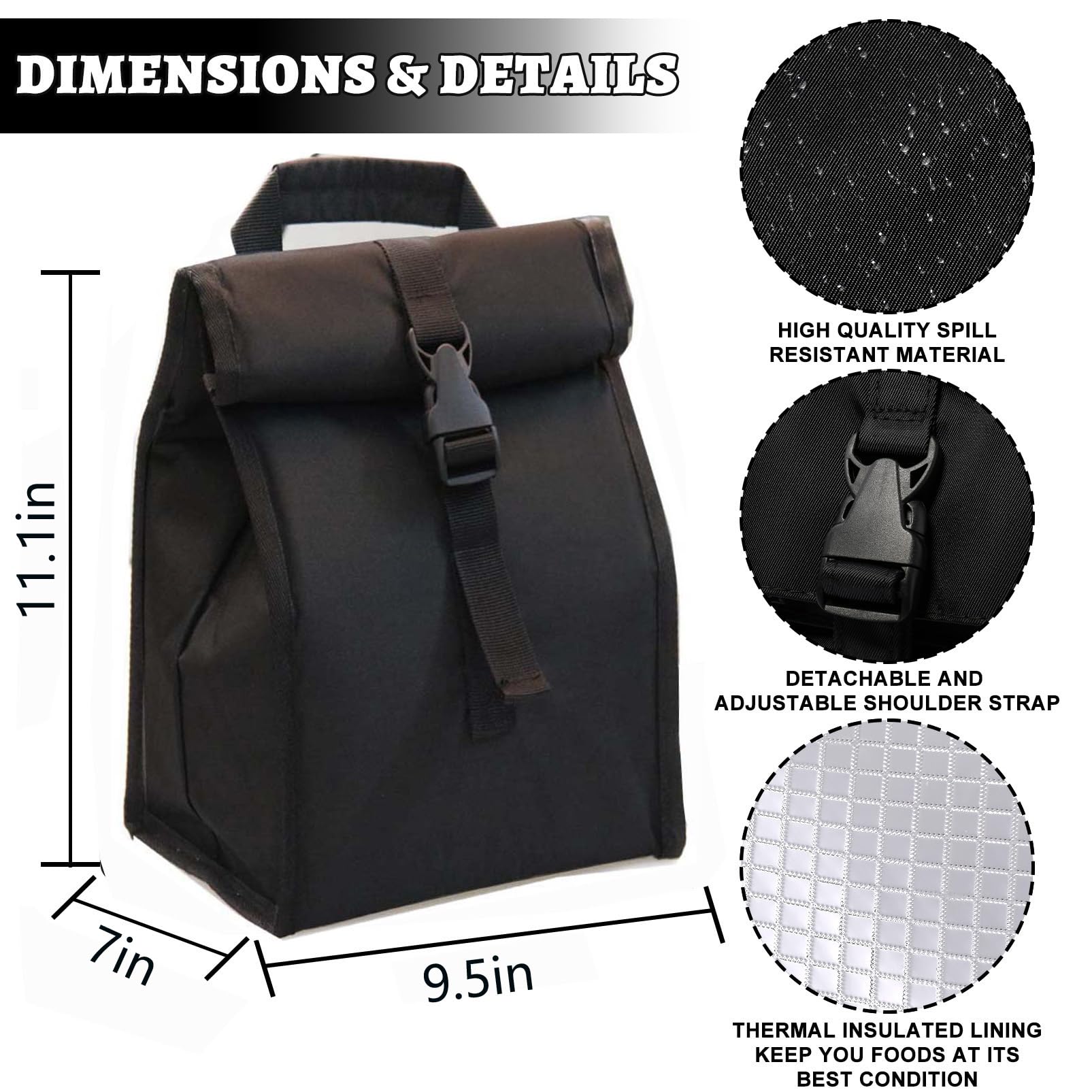 Insulated Foldable Lunch Bag with Adjustable Strap - Lightweight Portable Lunch Box for Men & Women - Perfect for Office, Work, Picnic, Hiking & Beach (Black Hard Fabric) - Keep Meals Fresh On The Go
