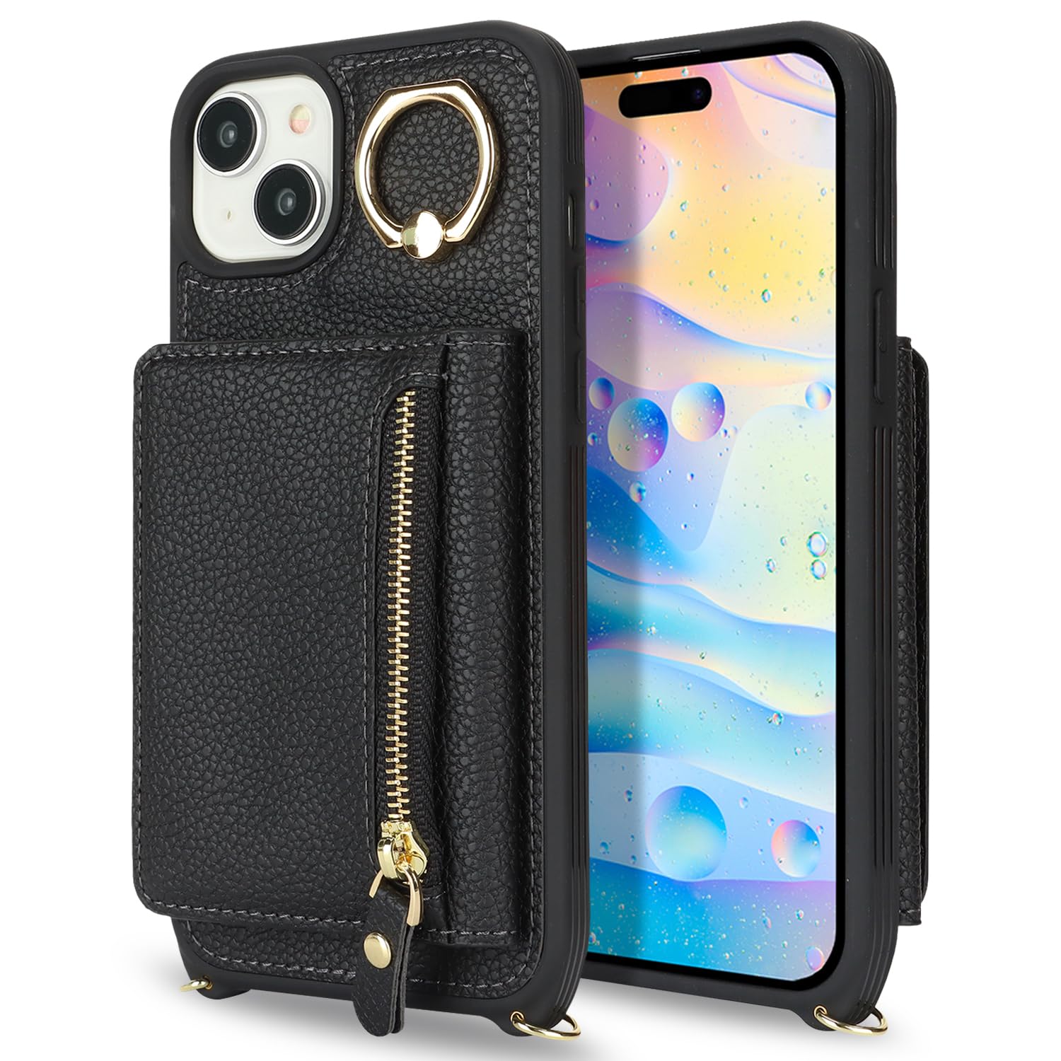 Premium Leather Wallet Case for iPhone 15 Plus with Card Holder & Crossbody Strap - Built-in Stand & Zipper Pocket - Fashionable Protective Phone Cover for Women (Black) | Perfect for Travel, Shopping & Everyday Use