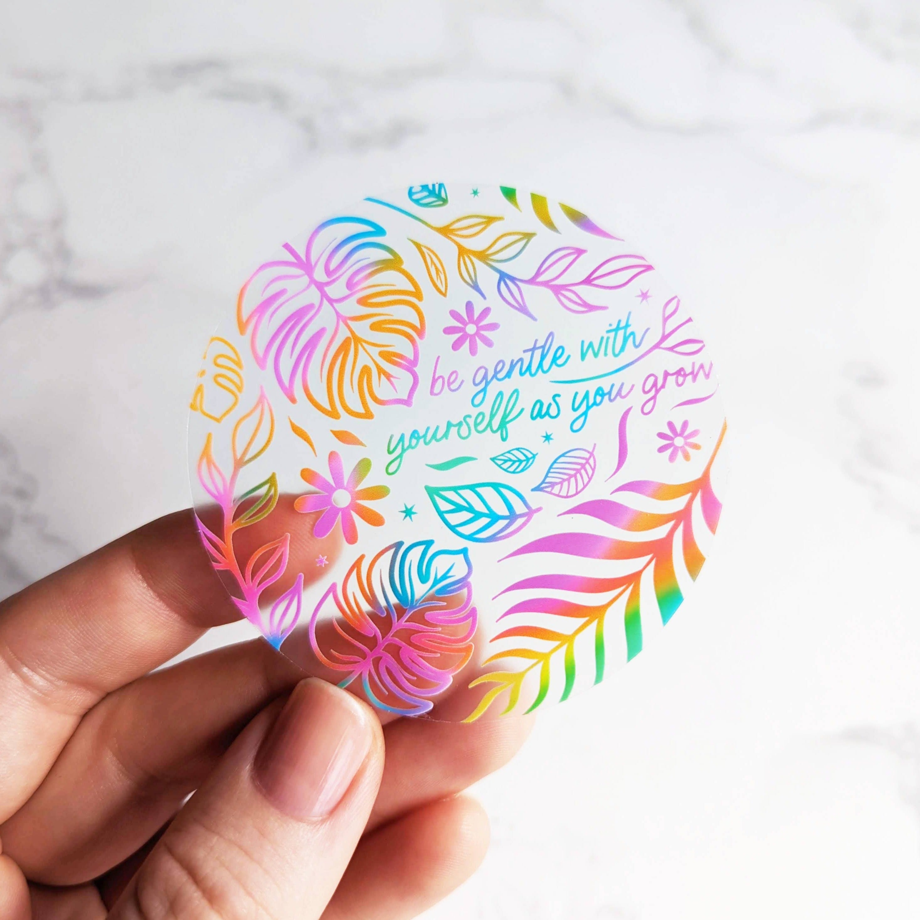 Be Gentle With Yourself As You Grow - Motivational Clear Vinyl Sticker for Laptops, Journals & Water Bottles - Inspirational Self-Care Decal