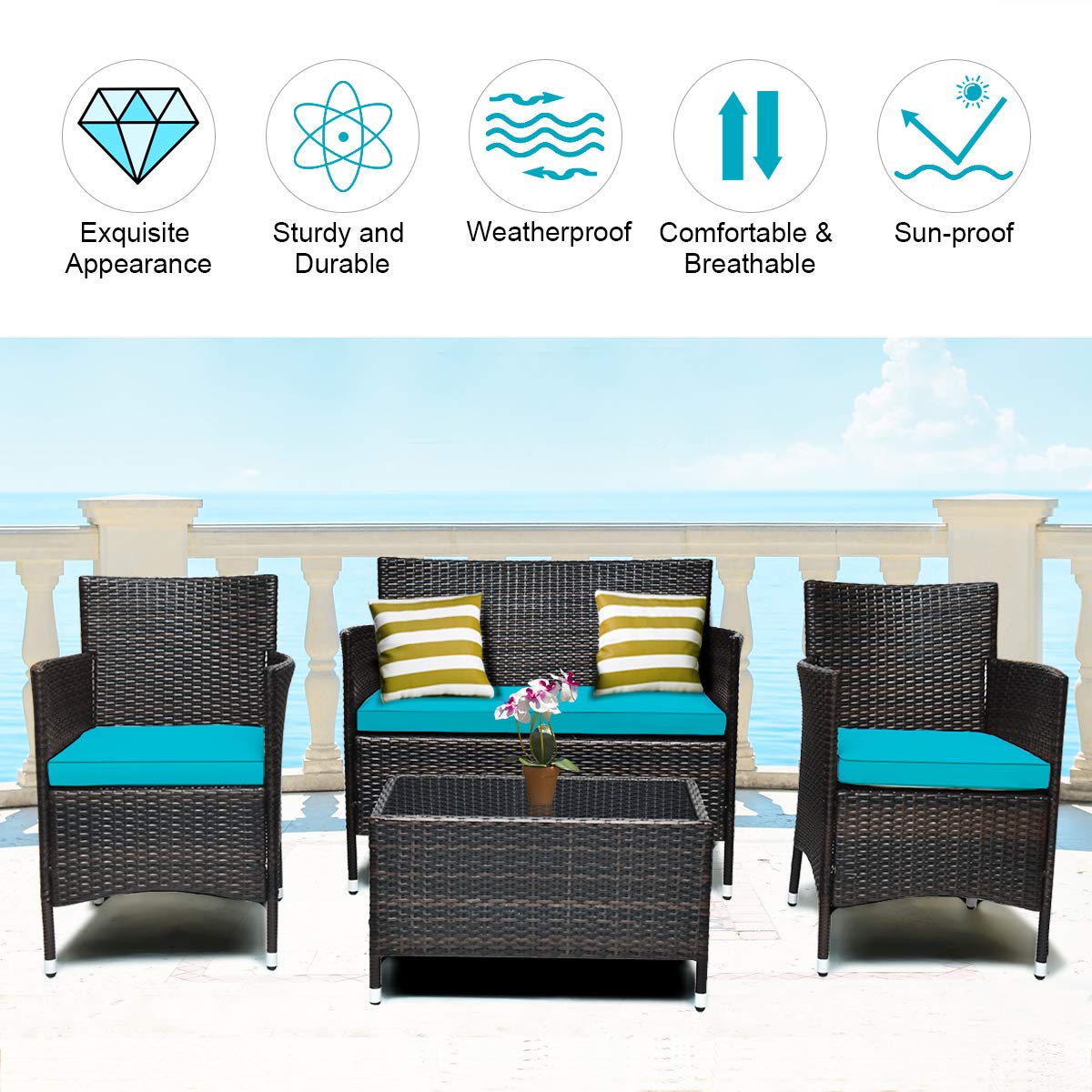 Tangkula 4-Piece Patio Rattan Conversation Set with Tempered Glass Coffee Table & Thick Cushions - Outdoor Wicker Furniture for Garden, Lawn, Poolside, Backyard - Perfect for Relaxing, Entertaining & Outdoor Dining