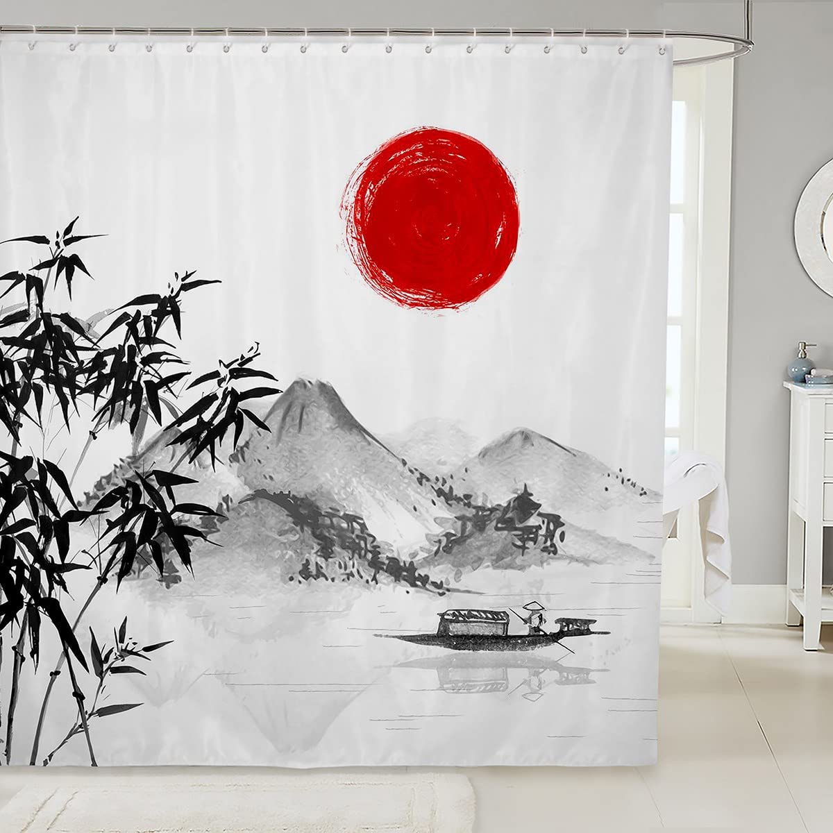Nature Mountain Shower Curtain Set - Chinese Ink Painting Design with Red Sun, Black & White Bamboo, Tree Branches - 72x72 Inch Waterproof Bathroom Decor for Kids & Fisherman Theme - Perfect for Coastal, Zen or Nature-Inspired Bathrooms