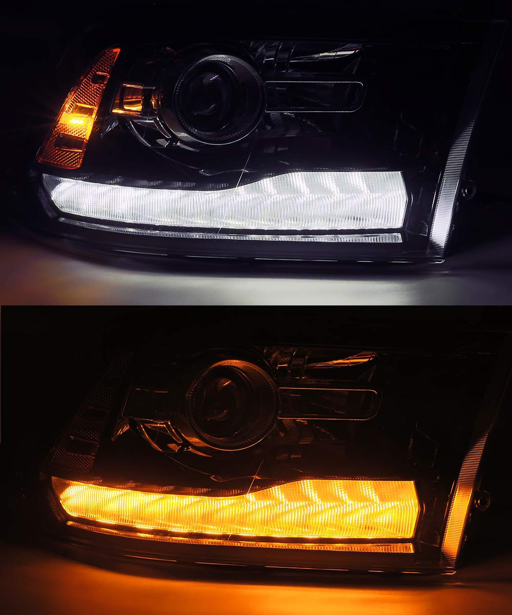 Modifystreet Full Gloss Black with Smoke DRL Headlights Replacement Kit for 2013-2018 Ram 1500/2500/3500 - Upgrade Factory Projector Headlights for Enhanced Night Driving & Off-Road Visibility