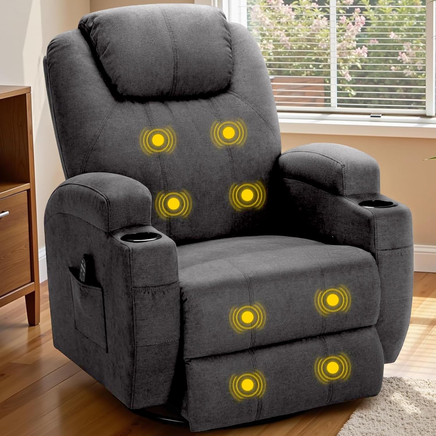 360° Swivel Rocking Recliner Chair with Massage - Comfortable Fabric Single Sofa for Adults with Side Pockets & Cup Holders - Perfect for Living Room, Bedroom, Nursery (Gray) - Relaxing Massage Chair for Stress Relief & Home Theater Comfort