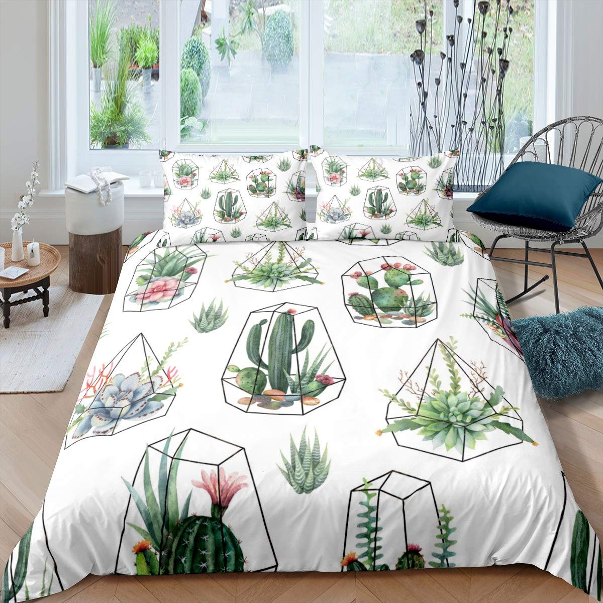 Feelyou Cactus Duvet Cover Set - 2Pcs Twin Size Boho Succulent Bedding with Botanical Floral Geometric Print, Green Plant Design for Kids Boys Girls Bedroom Decor | Perfect for Bohemian & Nature-Themed Bedrooms
