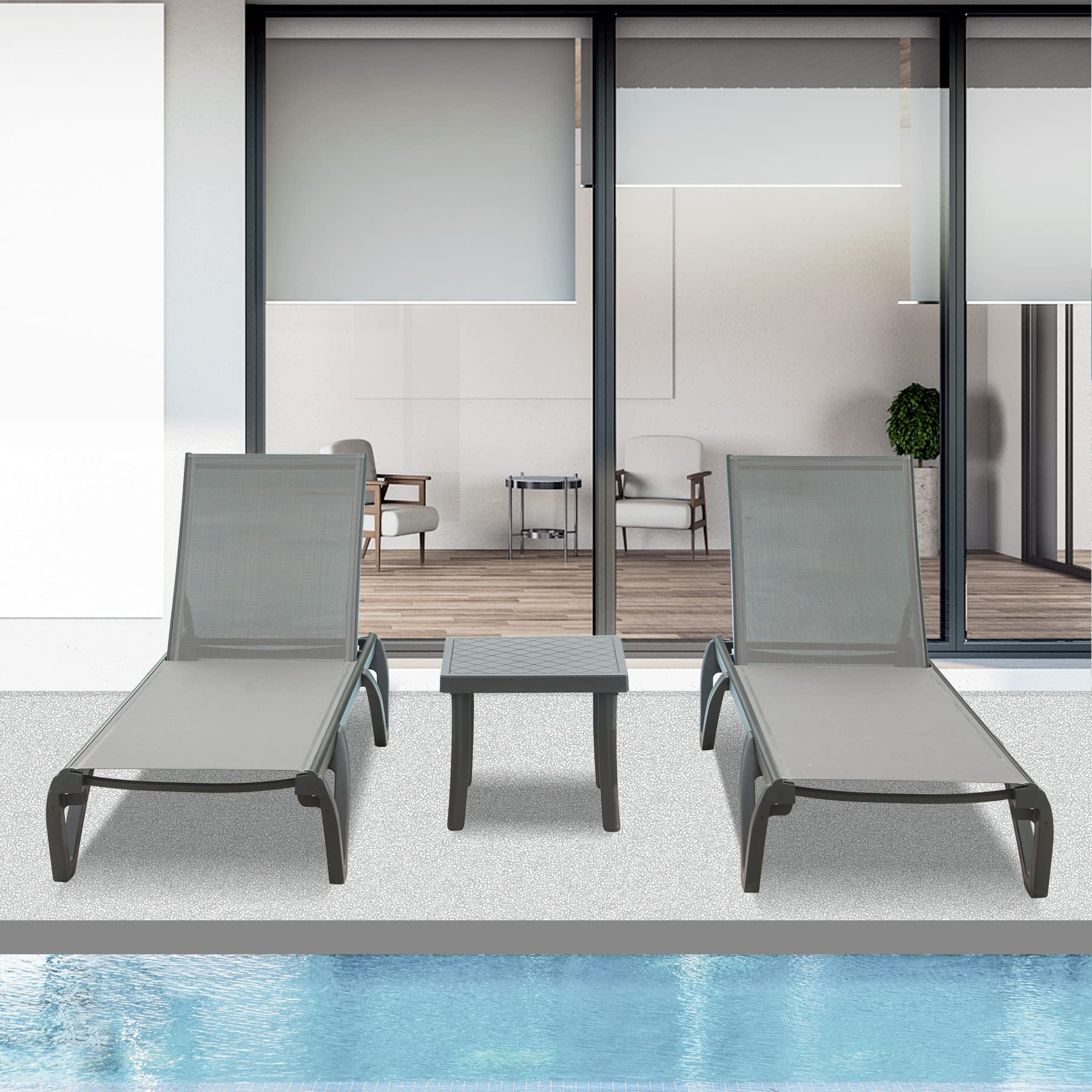 Domi Patio Chaise Lounge Chair Set of 3 - Outdoor Aluminum & Polypropylene Sunbathing Chairs with 5 Adjustable Positions & Side Table - Perfect for Beach, Yard, Balcony, Poolside & Backyard Relaxation (2 Grey Chairs with Table Included)