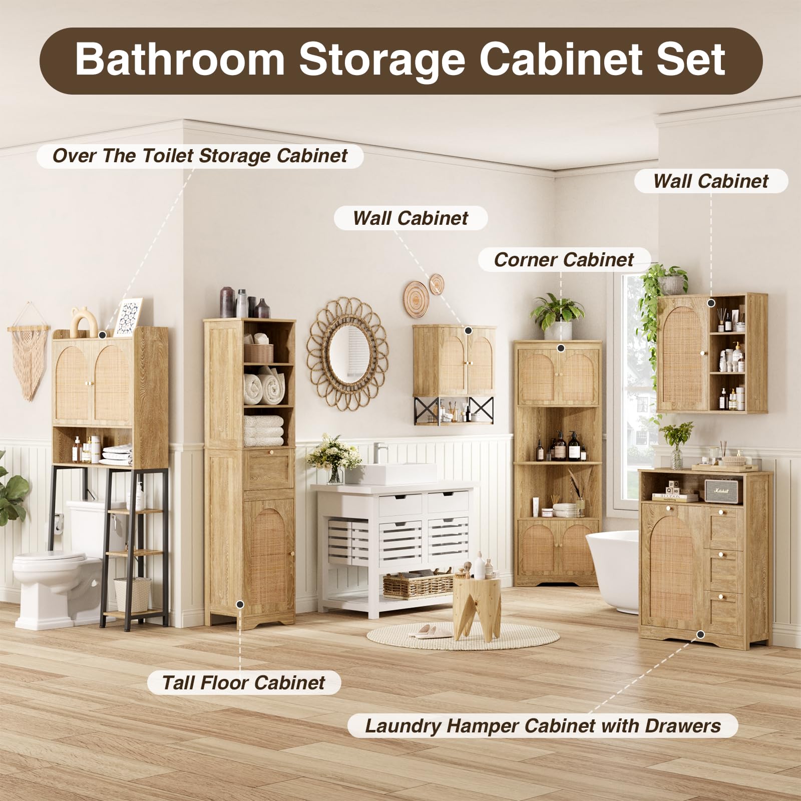 Rattan Bathroom Wall Cabinet with Door - Boho Medicine Cabinet with Adjustable Shelves, Tall Kitchen Storage Cabinet, Floating Hanging Cabinet Space Saver for Laundry Room - Natural Rattan Organizer for Bathroom, Kitchen & Home Decor (Perfect for Small Spaces & Clutter-Free Living)