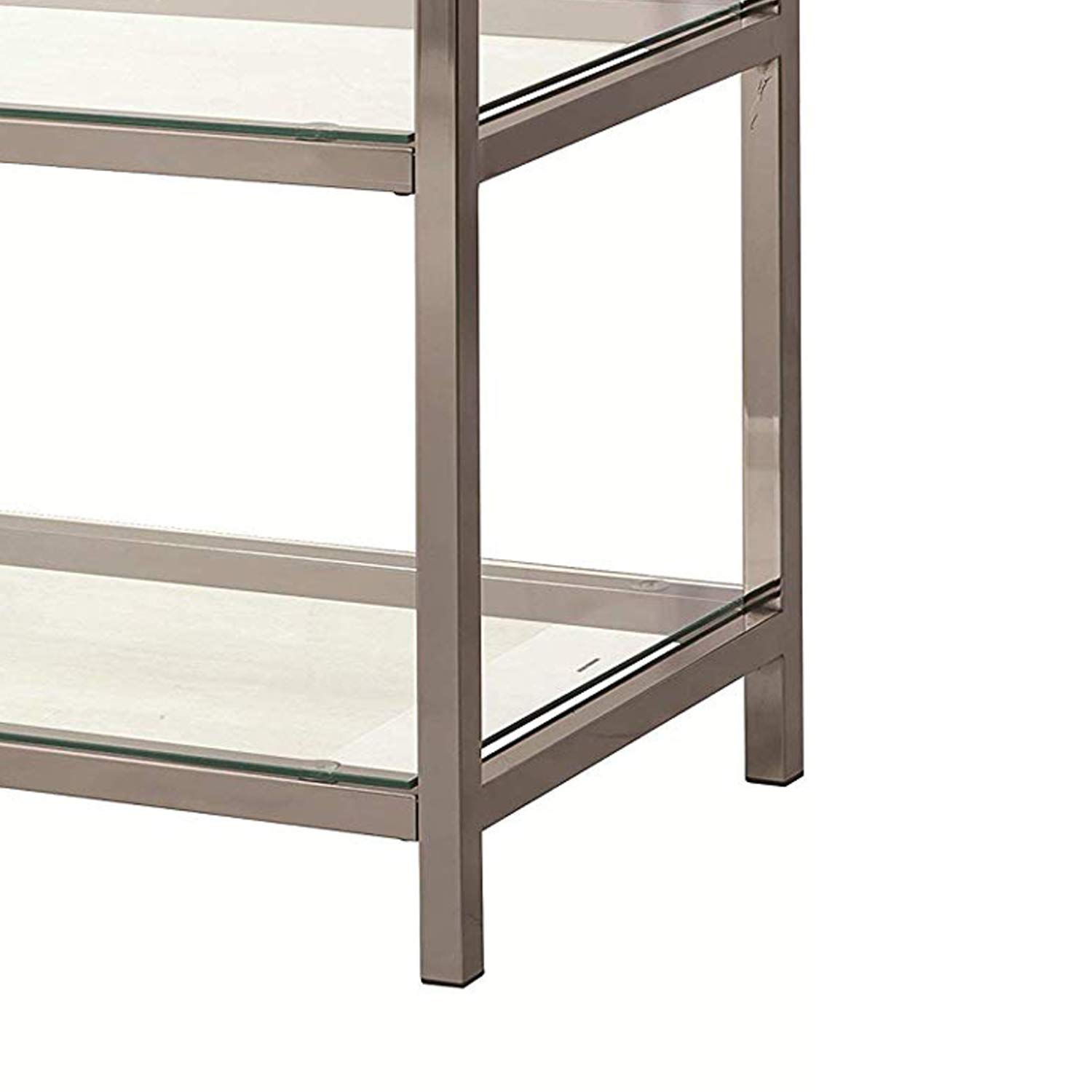 Benjara Modern Glass and Metal Sofa Table with 2 Open Shelves - Silver & Clear Finish - Perfect for Living Room, Entryway or Behind Couch Console Table