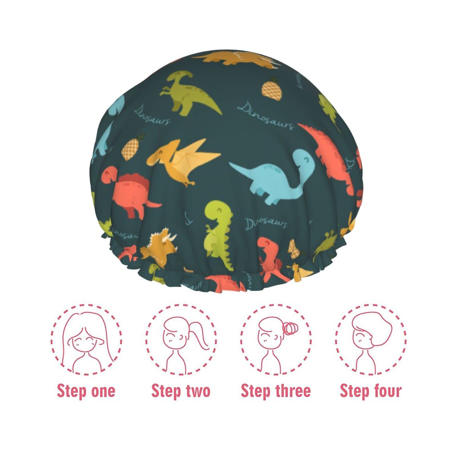 Dinosaur Pine Egg Shower Cap for Women & Kids - Reusable Long Hair Shower Hat with Elastic Band, Double Layer Bathing Cap for Adults & Children - Perfect for Bathing, Swimming & Spa Days