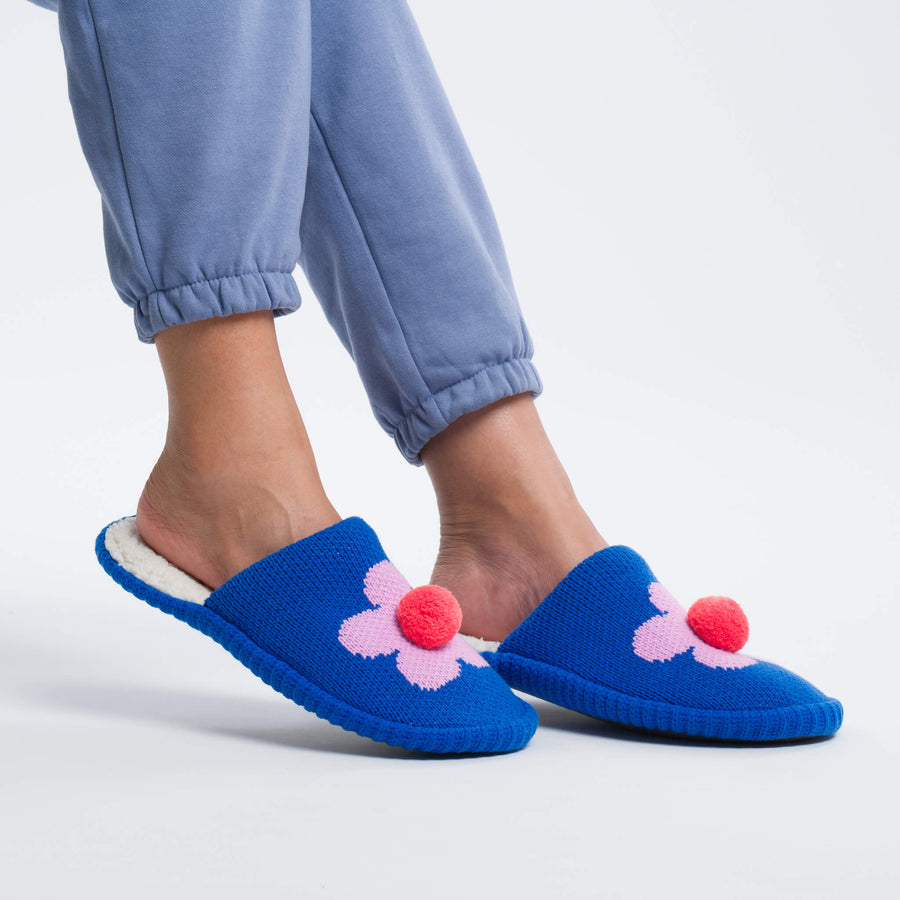 Verloop Knits Cozy Flower Pom Slippers - Soft Indoor/Outdoor House Shoes for Women - Perfect for Home, Lounge & Gift Giving