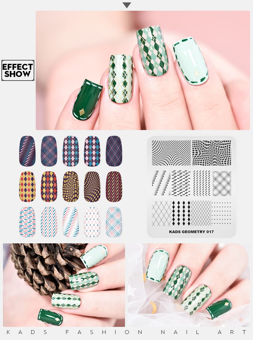 Premium KADS Nail Art Stamping Plates Set - 10 Unique Image Templates & Stencils with Durable Holder Case Organizer (GE017) for Professional Salon & DIY Home Manicures