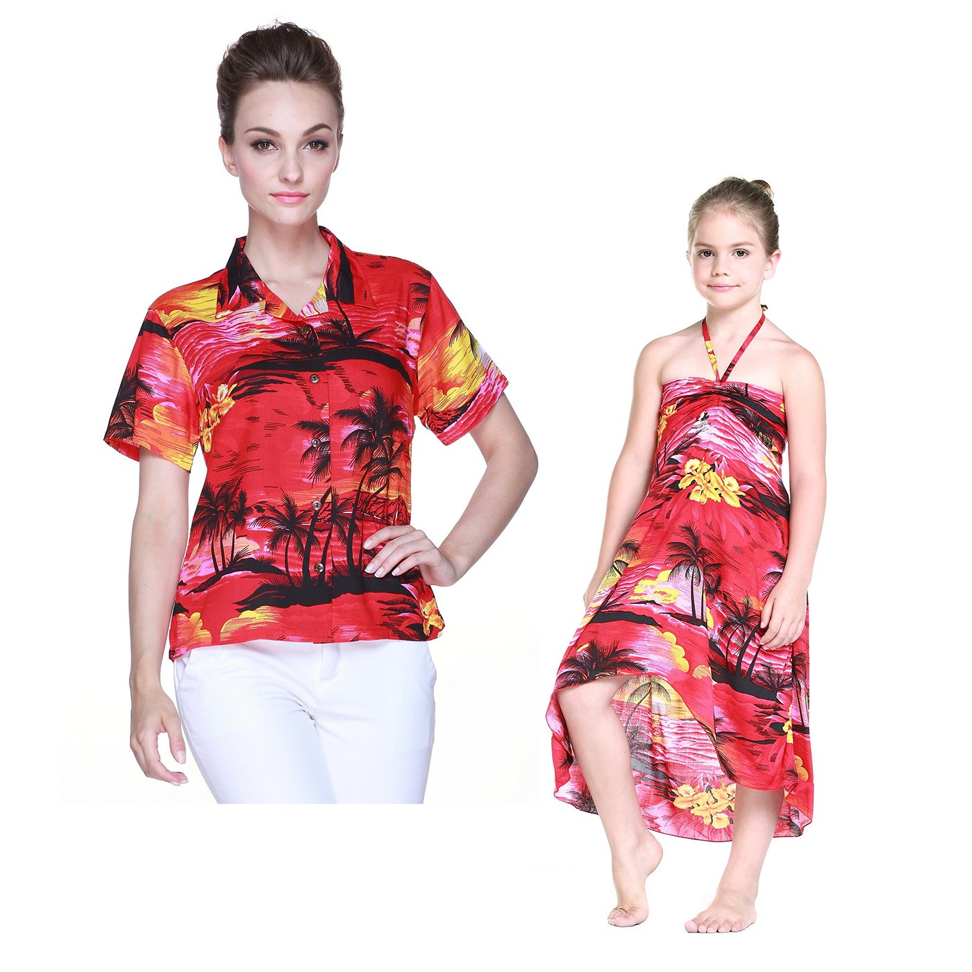 Matching Mother Daughter Hawaiian Luau Outfits - Tropical Sunset Red Aloha Shirt & Dress Set for Beach Vacation, Family Photos, and Summer Parties