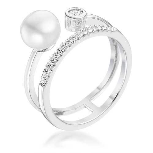 0.15Ct Rhodium Plated Cubic Zirconia & Freshwater Pearl Double Band Ring for Women - Elegant Wedding, Anniversary, or Gift Jewelry