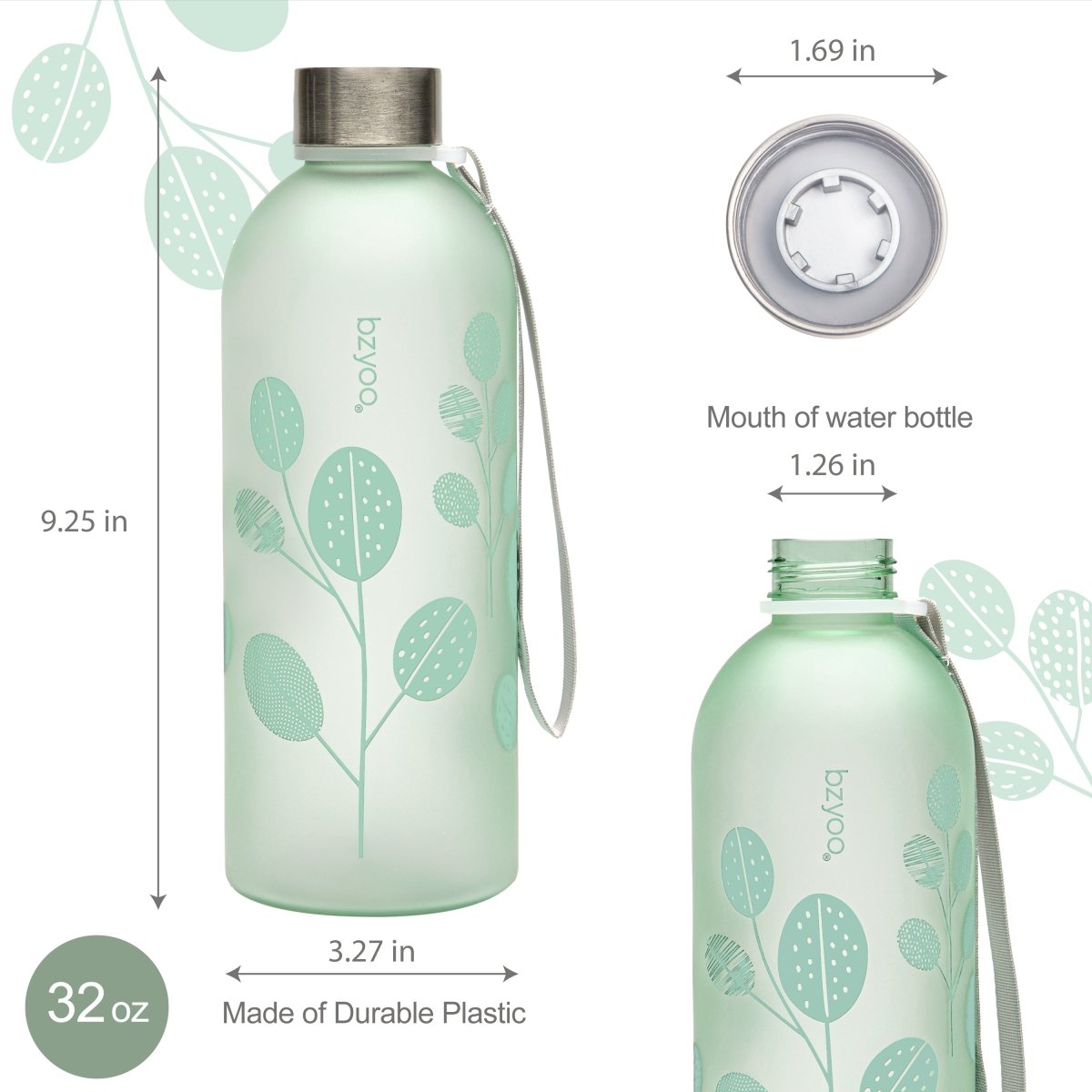 32oz Time Marker Tritan Water Bottle with Carrying Strap - BPA Free Leak Proof Sports Water Bottle for Gym, Hiking & Outdoor Activities - Leaf Green