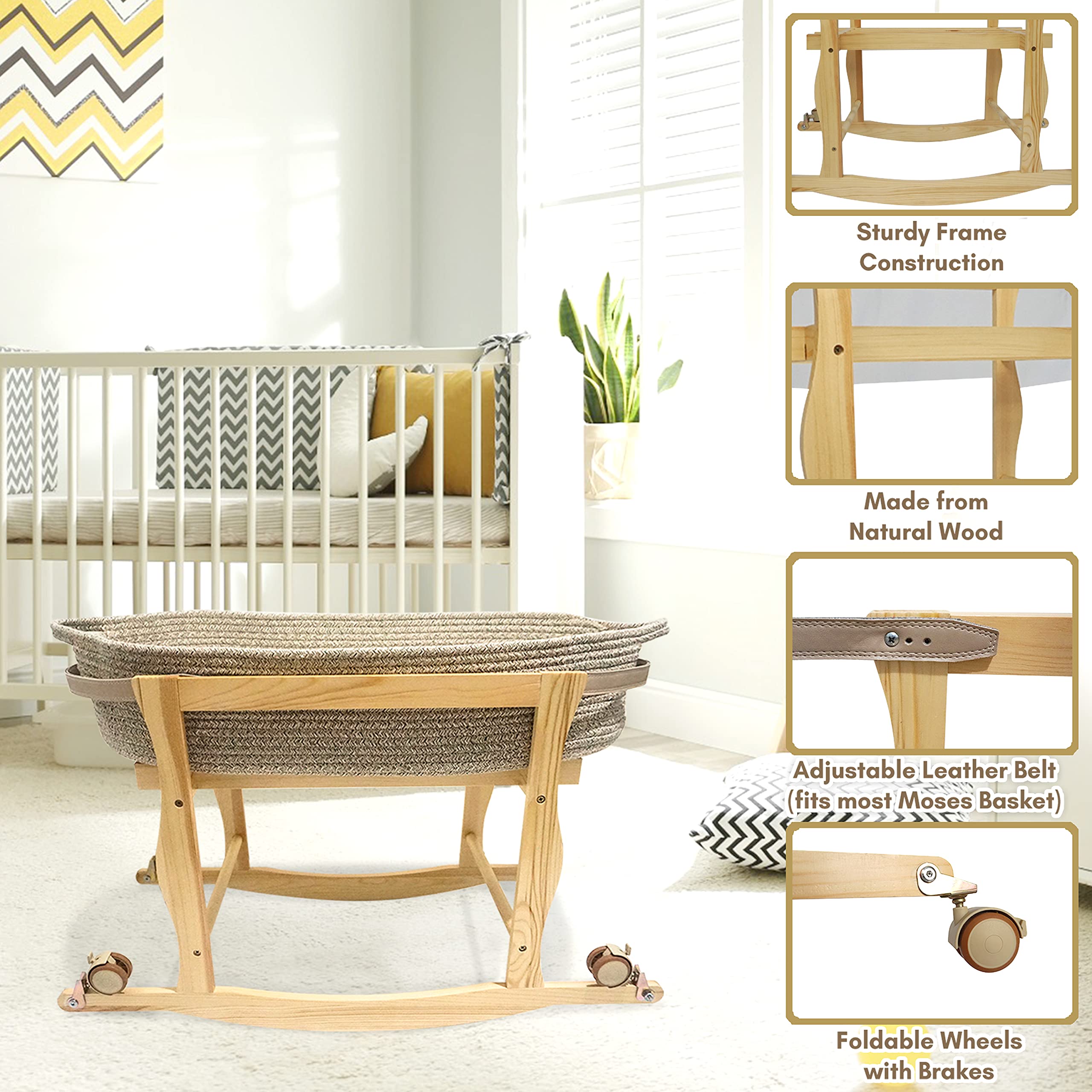 ECOADE Natural Wood Moses Basket Stand & Rocker - Portable Baby Crib for Nursery, Bedroom, or Travel - Safe & Sturdy Infant Sleeping Solution