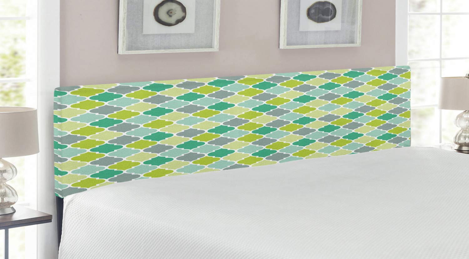 Ambesonne Teal King Size Upholstered Headboard - Moroccan Trellis Quatrefoil Motif in Vibrant Colors, Decorative Metal Bed Frame with Memory Foam | Perfect for Bedroom Makeovers & Boho Chic Home Decor