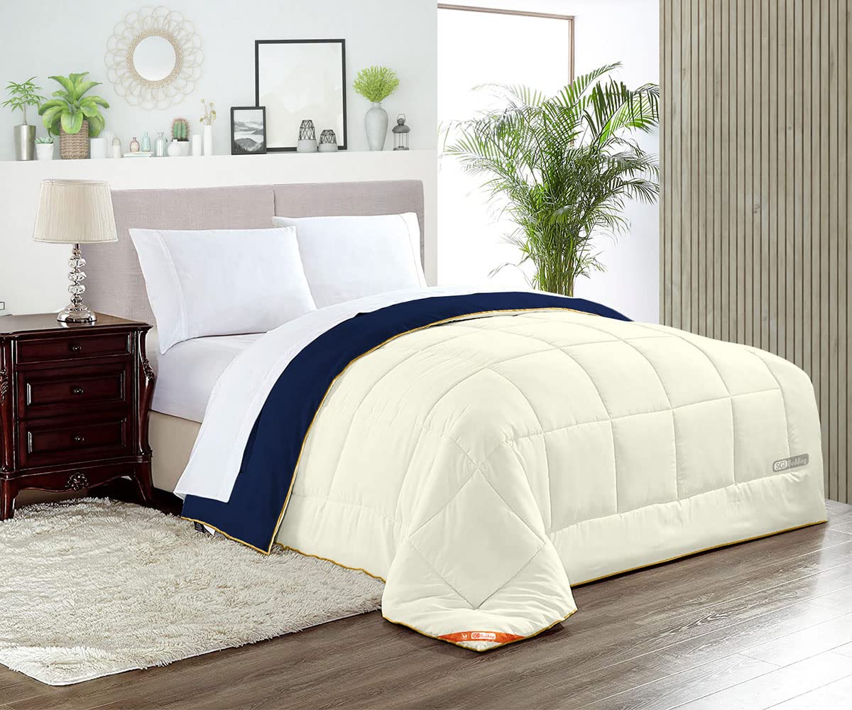 Premium Down Alternative Comforter - Super King Size, 300 GSM Plush Siliconized Fiberfill, Navy Blue/Ivory with Golden Piping - Ultra Soft, Hypoallergenic, Box Stitched Duvet Insert for All-Season Comfort - Perfect for Master Bedroom, Guest Room & Luxury Hotels