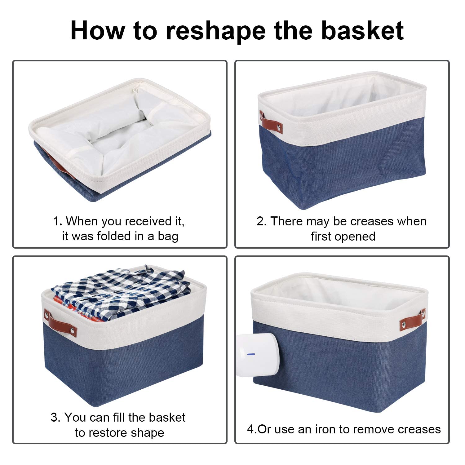 Univivi 4-Piece Large Foldable Fabric Storage Baskets with Handles & Hard Bottom (15x10.5x9.5 Inch) - Closet Organizer Bins for Shelves, Bedroom, Nursery & Office - Blue Home Organization Storage Solutions