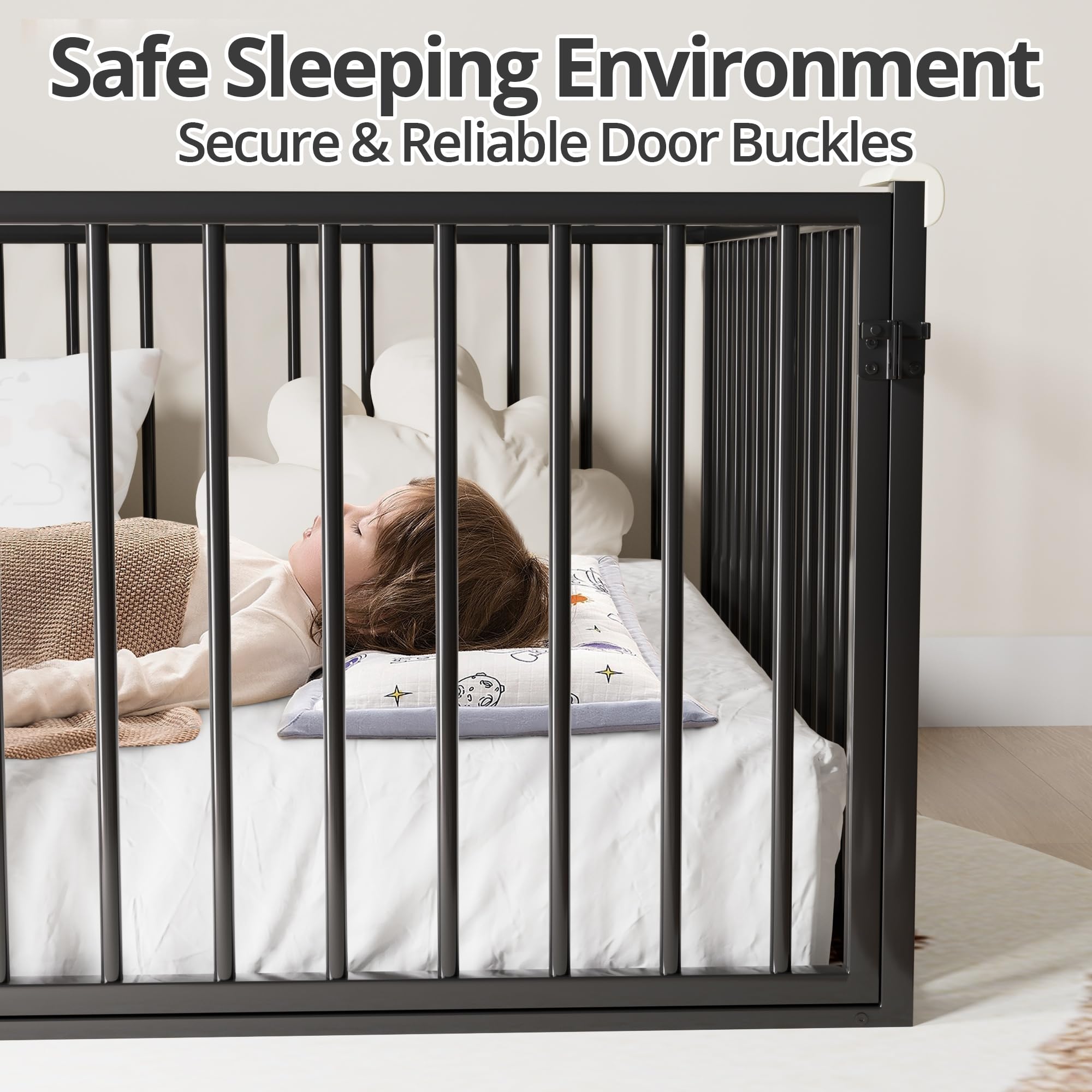 Montessori Twin Floor Bed for Kids - Sturdy Metal Bed Frame with Safety Guardrails & Door, Anti-Collision Cotton Padding for Boys and Girls - No Box Spring Needed - Black - Perfect for Toddler Rooms, Daycare Centers & Montessori Classrooms