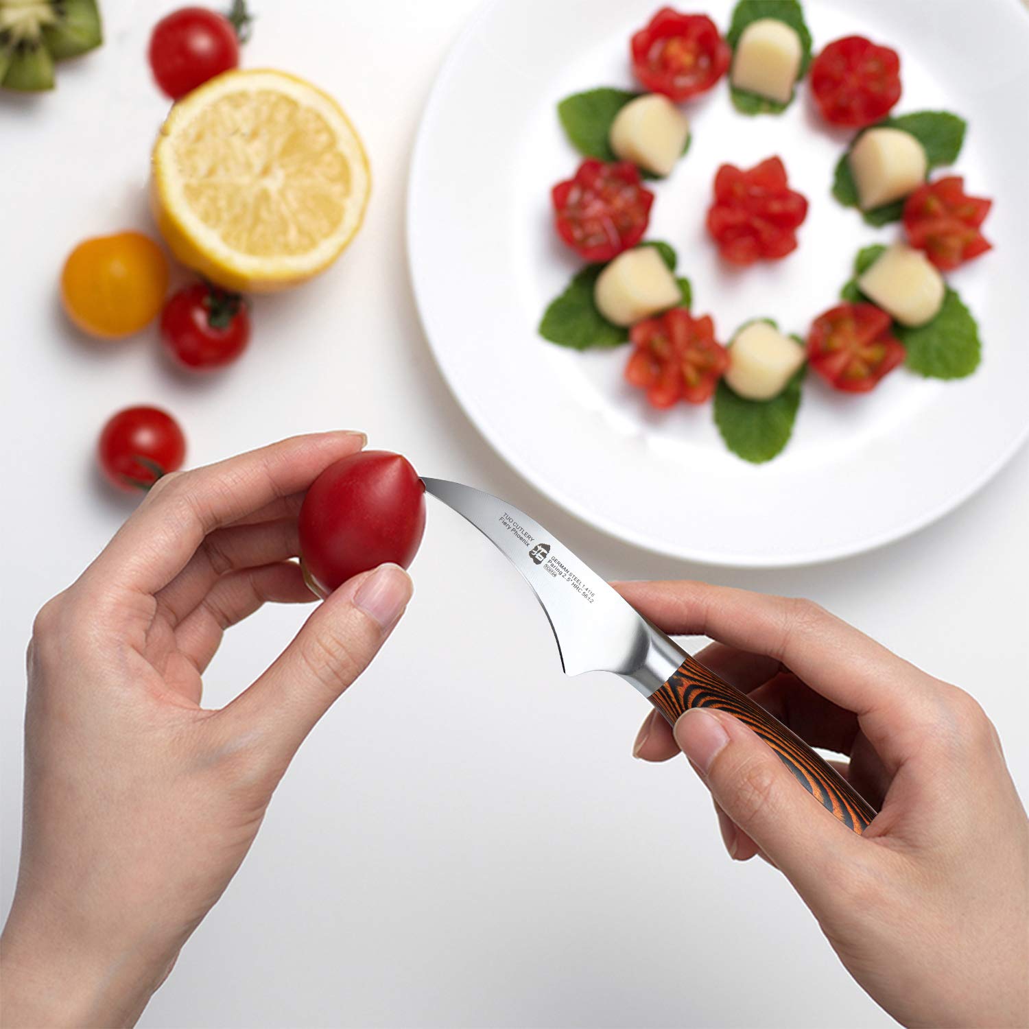 TUO Bird-Beak Paring Knife - 2.5 Inch Razor Sharp Stainless Steel Peeling Knife with Ergonomic Pakkawood Handle - German X50CrMoV15 Steel, Full Tang, Rust Resistant - Perfect for Fruit Peeling, Vegetable Trimming & Kitchen Prep
