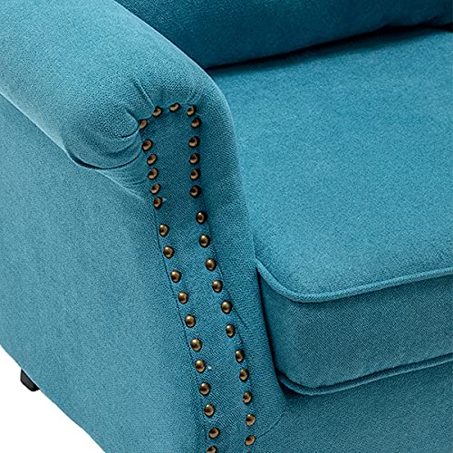 Modern Upholstered Tufted Linen Fabric Accent Armchair - Club Chair, Lounge Chair & Reading Chair with Rivet Roll Arms & High Back Support - Perfect for Living Room, Bedroom, Home Office & Reading Nook (Blue + Linen Fabric)