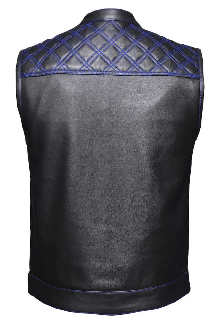 Open Road Men's Upside Leather Vest with Blue Stitched Diamonds - Stylish Biker Jacket for Motorcycle Riding & Casual Outfits