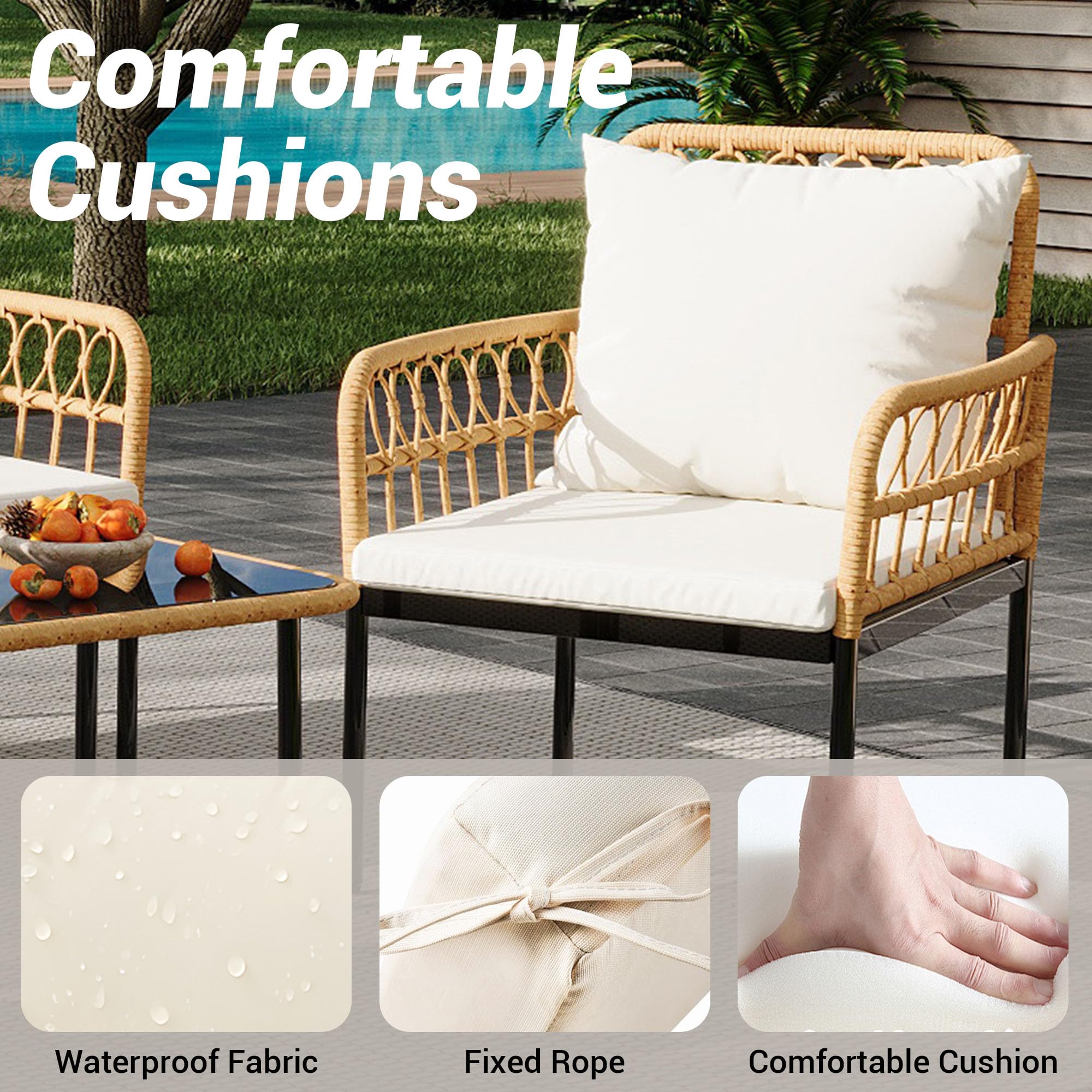 GARVEE 4-Piece All-Weather Wicker Patio Bistro Set with Glass Top Coffee Table, Loveseat & 2 Armchairs - Includes Cushions - Boho Outdoor Furniture for Backyard, Garden, Balcony or Poolside - Beige