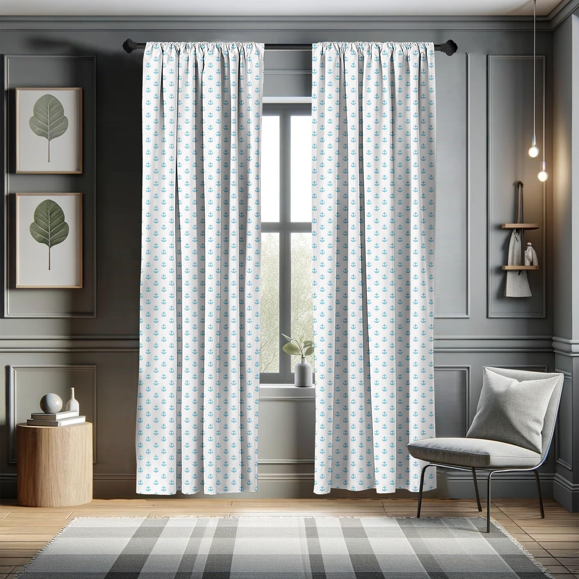 Ambesonne Nautical Anchor Window Curtains - Blue & White Cartoon Style Transportation Vessel Design, Lightweight 2-Panel Set with Rod Pocket (28