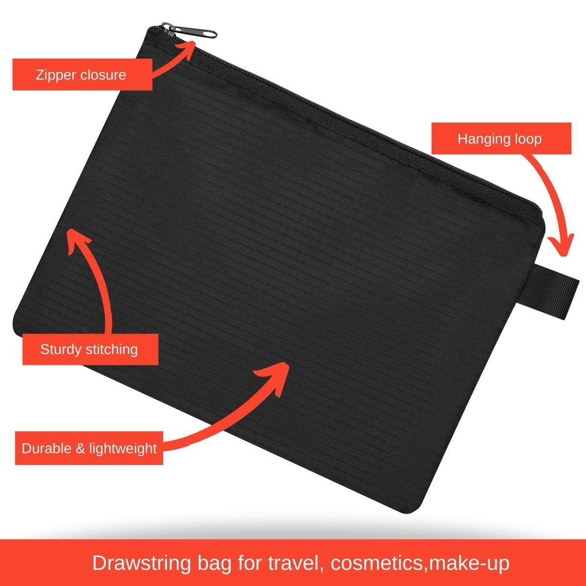 5-Pack Black Zipper Pouch Set (8x6 Inches) - Waterproof Travel Organizer for Toiletries, Cosmetics, Pens & Office Supplies - Perfect for Travel, Home & Office Organization