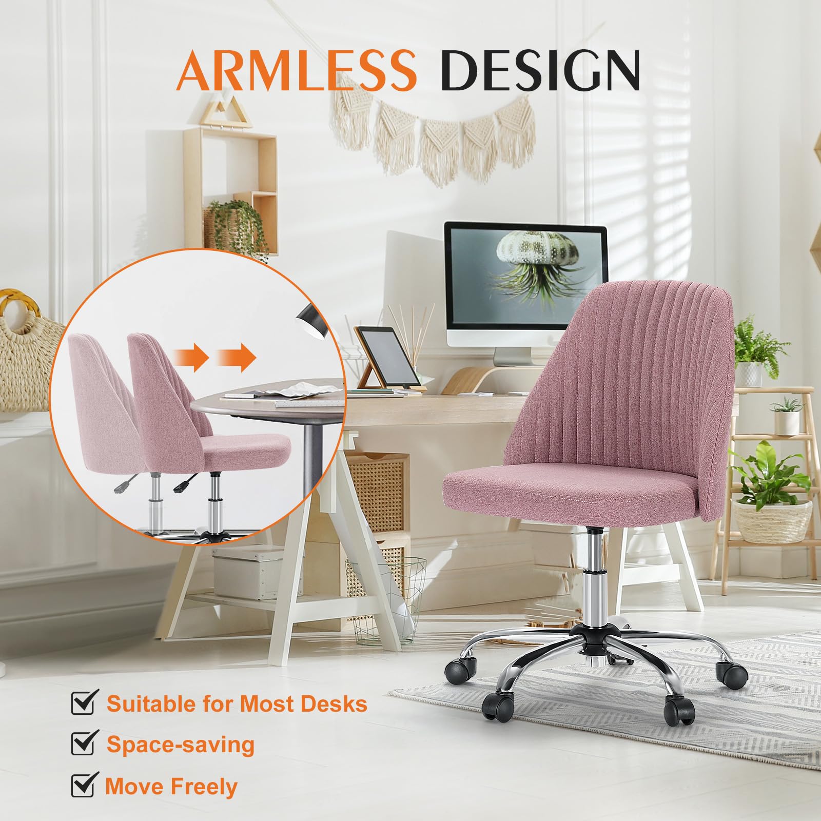 Sweetcrispy Armless Office Chair - Modern Fabric Adjustable Swivel Task Chair with Wheels for Home Office, Computer Desk & Small Spaces | Perfect for Compact Workspaces, Gaming & Vanity Areas