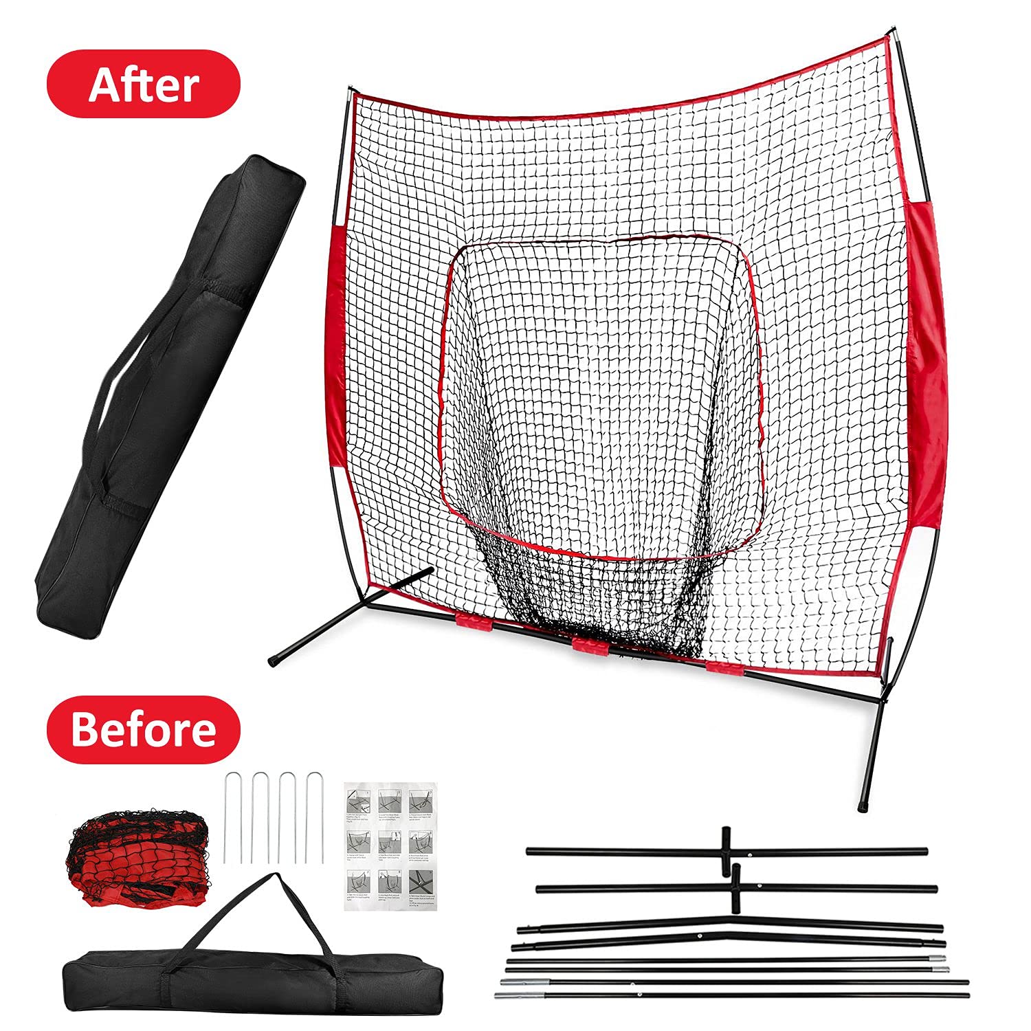 7x7ft Baseball Softball Teeball Practice Net with Bow Frame & Carry Bag - Batting Hitting Pitching Training Net for Solo & Team Drills | Perfect for Backyard, Field & Indoor Baseball Practice