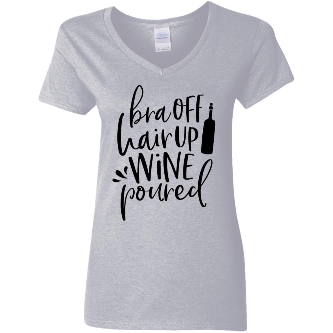 WineyBitches.Co Women's 5.3 oz V-Neck T-Shirt with 'Bra Off Hair Up Wine Poured' Slogan (Black Lettering) - Perfect for Wine Nights, Girls' Parties & Relaxing at Home
