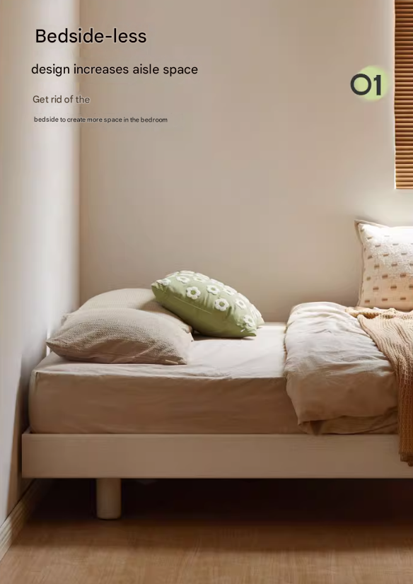 Solid Oak Wood Platform Bed - No Headboard, Cream Finish - Modern Minimalist Bedroom Furniture for Small Spaces & Loft Apartments