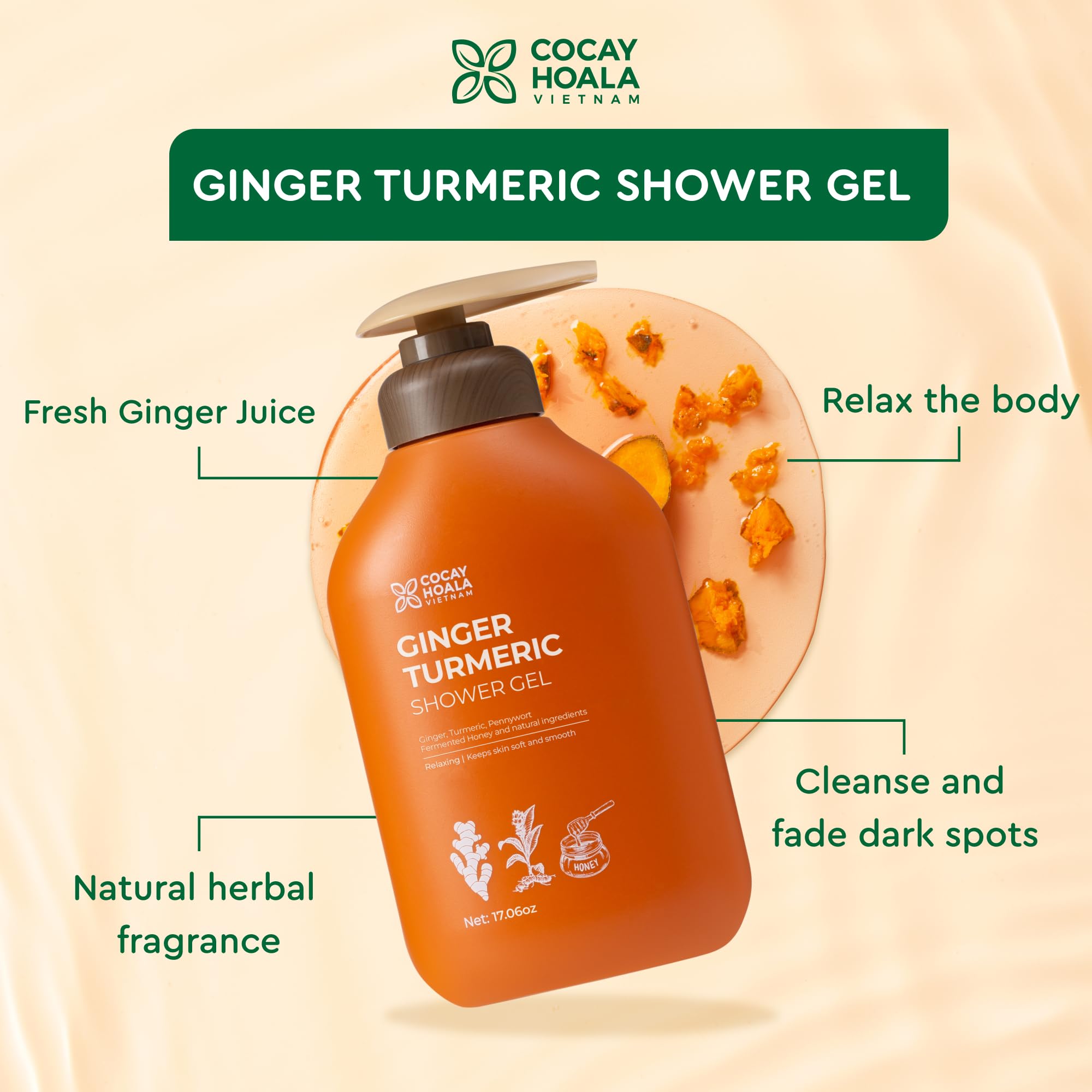Organic Ginger & Turmeric Body Wash - Hydrating, Exfoliating & Cleansing for Dry Skin | Natural, Silicone & Paraben-Free Formula | 17.6oz Bottle for Daily Shower & Spa Use | Nourishes & Revitalizes Skin